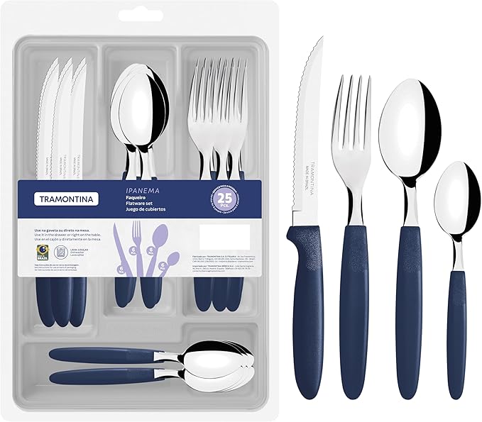 Tramontina Ipanema 25-Piece Flatware Set and Plastic Drawer Organizer(Blue)