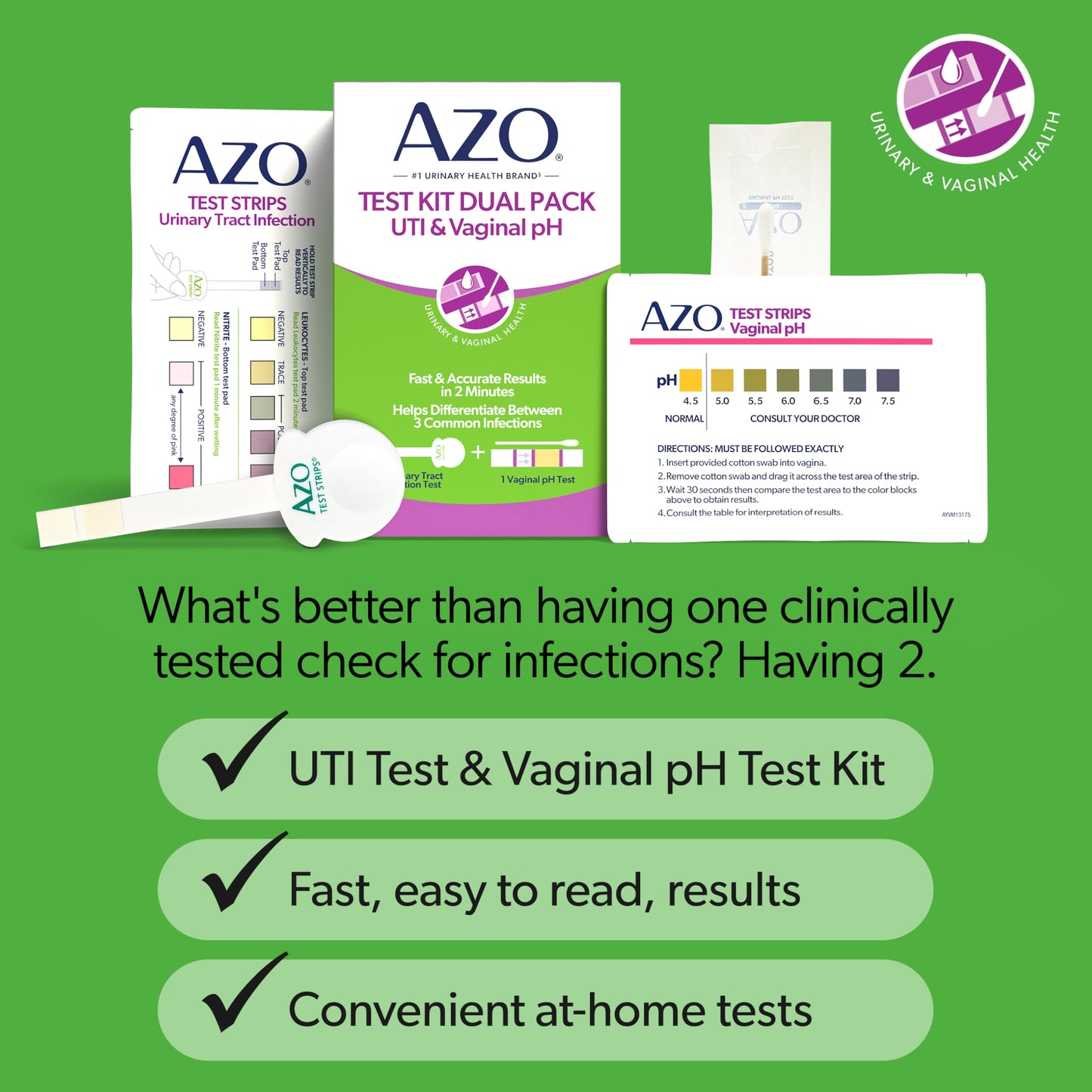 AZO Urinary Tract Infection (UTI) Test Strip + Vaginal pH Test Kit, Fast & Accurate Results, from The #1 Most Trusted Brand, FSA/HSA Eligible - Medaid International