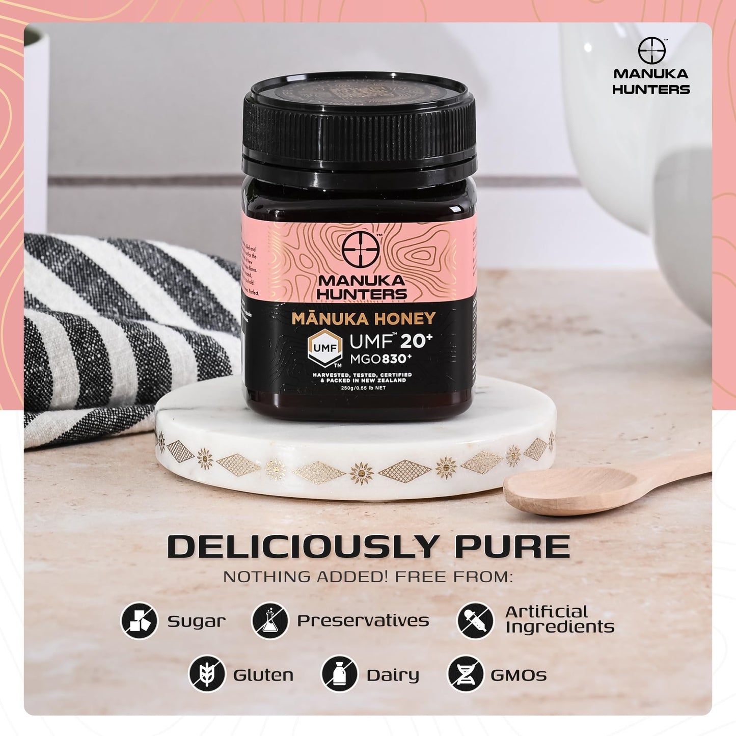 Manuka Hunters UMF 20+/MGO 830+ Certified New Zealand Manuka Honey - 100% Pure Natural Sweetener - Gluten, Dairy Free - Ideal for Tea, Coffee, Smoothies, and Baking - Sustainable - 8.8oz/250g Jar - Medaid International