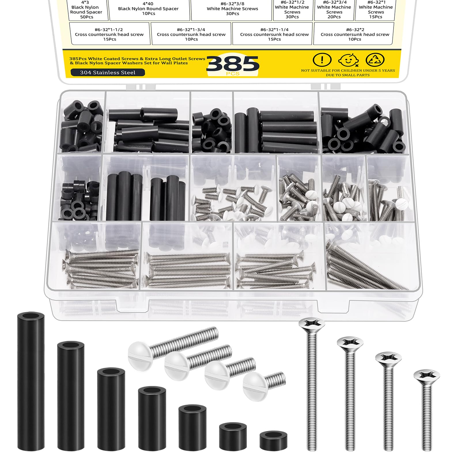 Mardatt 385Pcs Electrical Outlet Extender Kit, 240Pcs Electrical Outlet Spacers with 145Pcs #6-32 Thread Slotted & Phillips Wall Plate Screws Outlet Screw Device Mounting Screws Switch Plate Screw - Medaid International