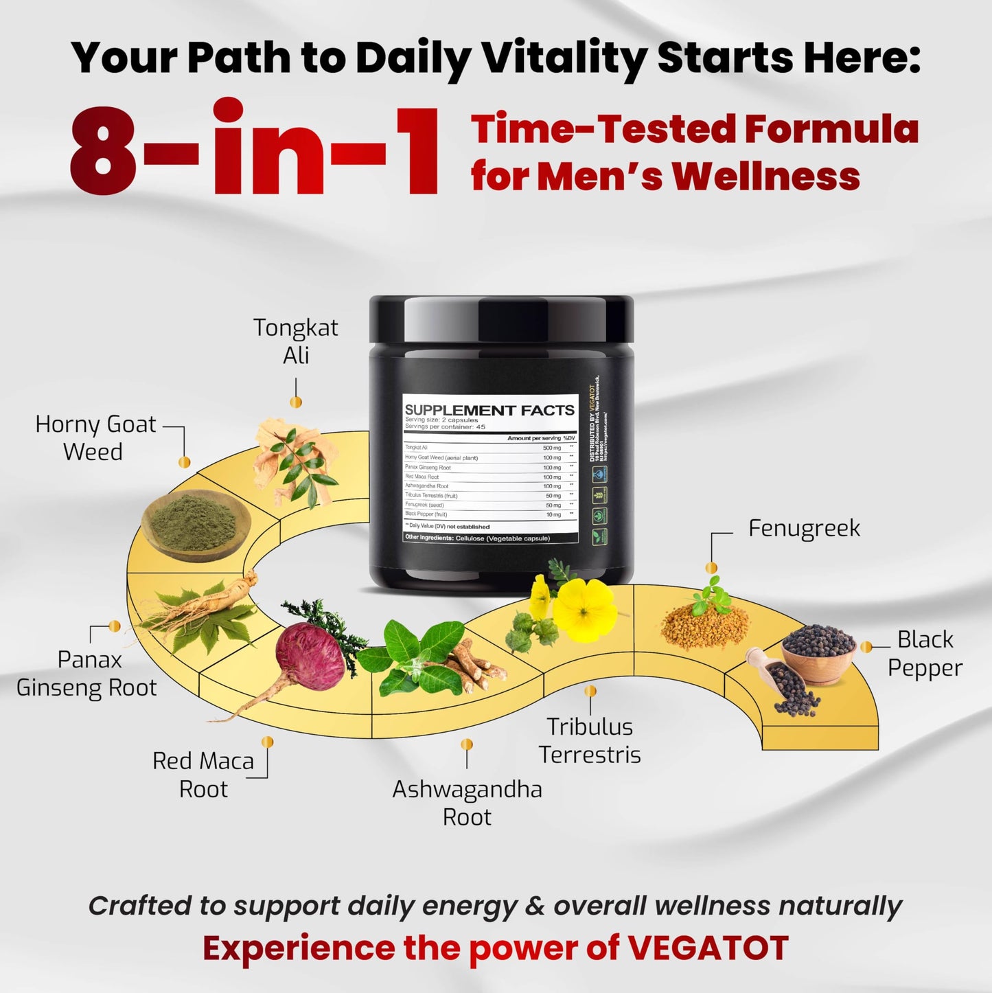 VEGATOT 𝟴 𝗜𝗡 𝟭 Testo Support - Boost Performance with Tongkat Ali, Panax Ginseng, Maca Root, Ashwagandha, Tribulus - Energy, Stamina, Circulation Support - Medaid International