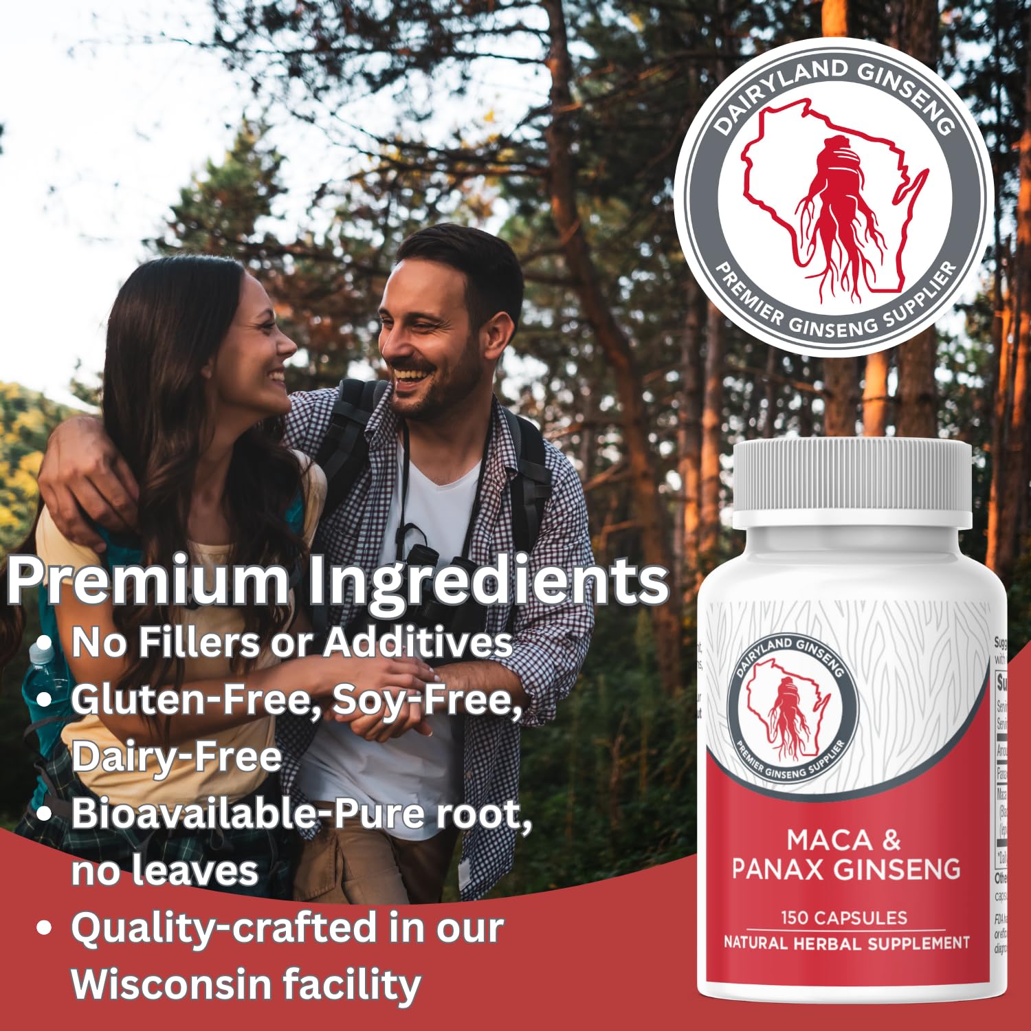 Maca Root Capsules + Korean Panax Ginseng - Concentrated Extract Black + Red + Yellow Maca Root, Panax Ginseng Capsules 150 ct - Medaid International