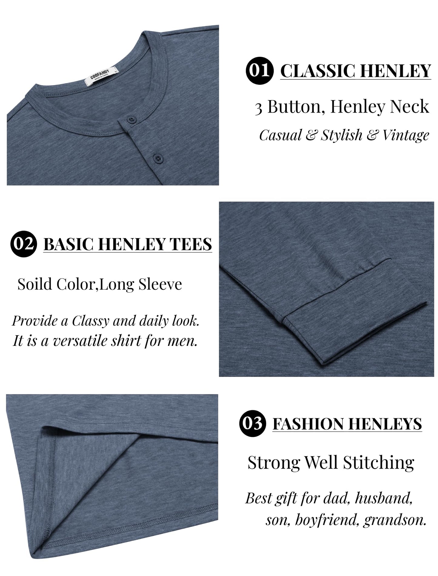 COOFANDY Men's Henley T-Shirt Long Sleeve Casual Slim Fit Stretch Tees Soft Henley Shirts Lightweight Fall Henley Pullover Tshirt Navy Blue - Medaid International