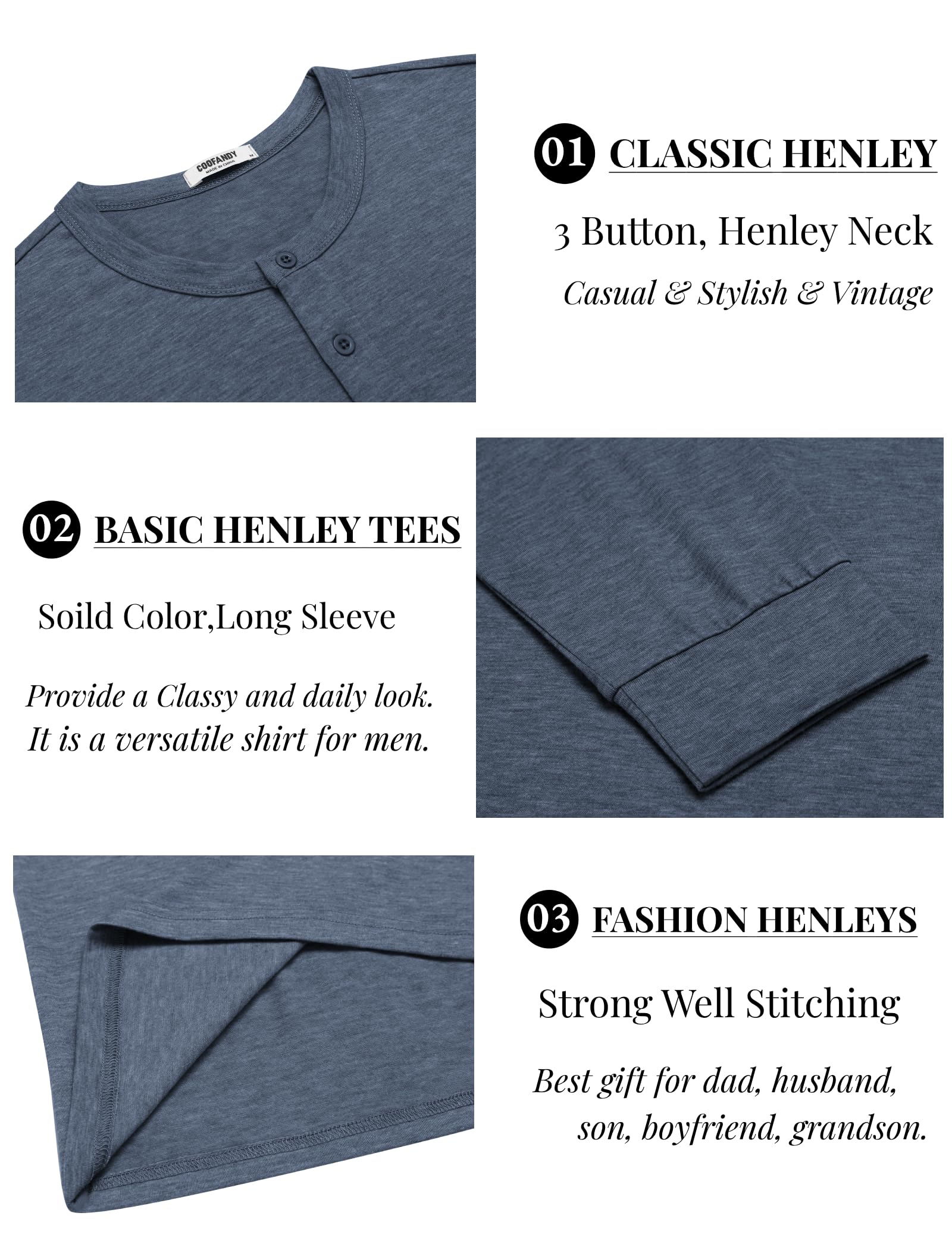 COOFANDY Men's Henley T-Shirt Long Sleeve Casual Slim Fit Stretch Tees Soft Henley Shirts Lightweight Fall Henley Pullover Tshirt Navy Blue - Medaid International