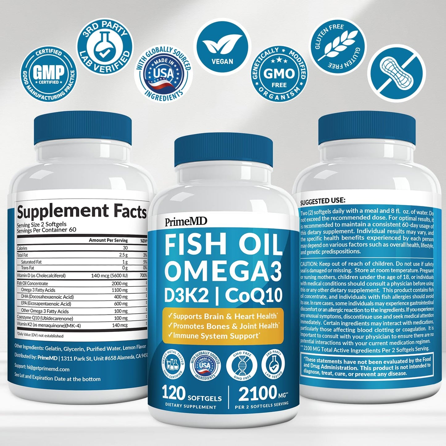 5-in-1 Fish Oil Omega 3 Fatty Supplements (2100mg) - Omega 3 Fish Oil with Vitamins D3 K2 and CoQ10 - Lemon Flavored (120 softgels, Pack of 3) - Medaid International