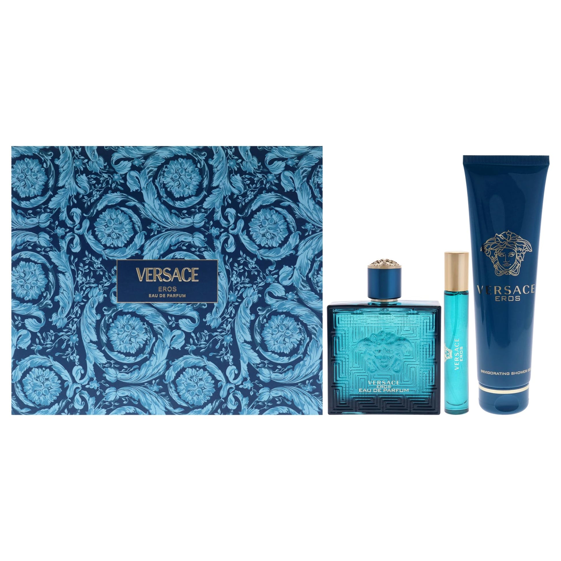Versace Eros for Men 3 Pc Gift Set - 3.4oz EDP, 0.3oz Travel Spray, 5oz Shower Gel - Bold, Long-lasting Fragrance - Medaid International