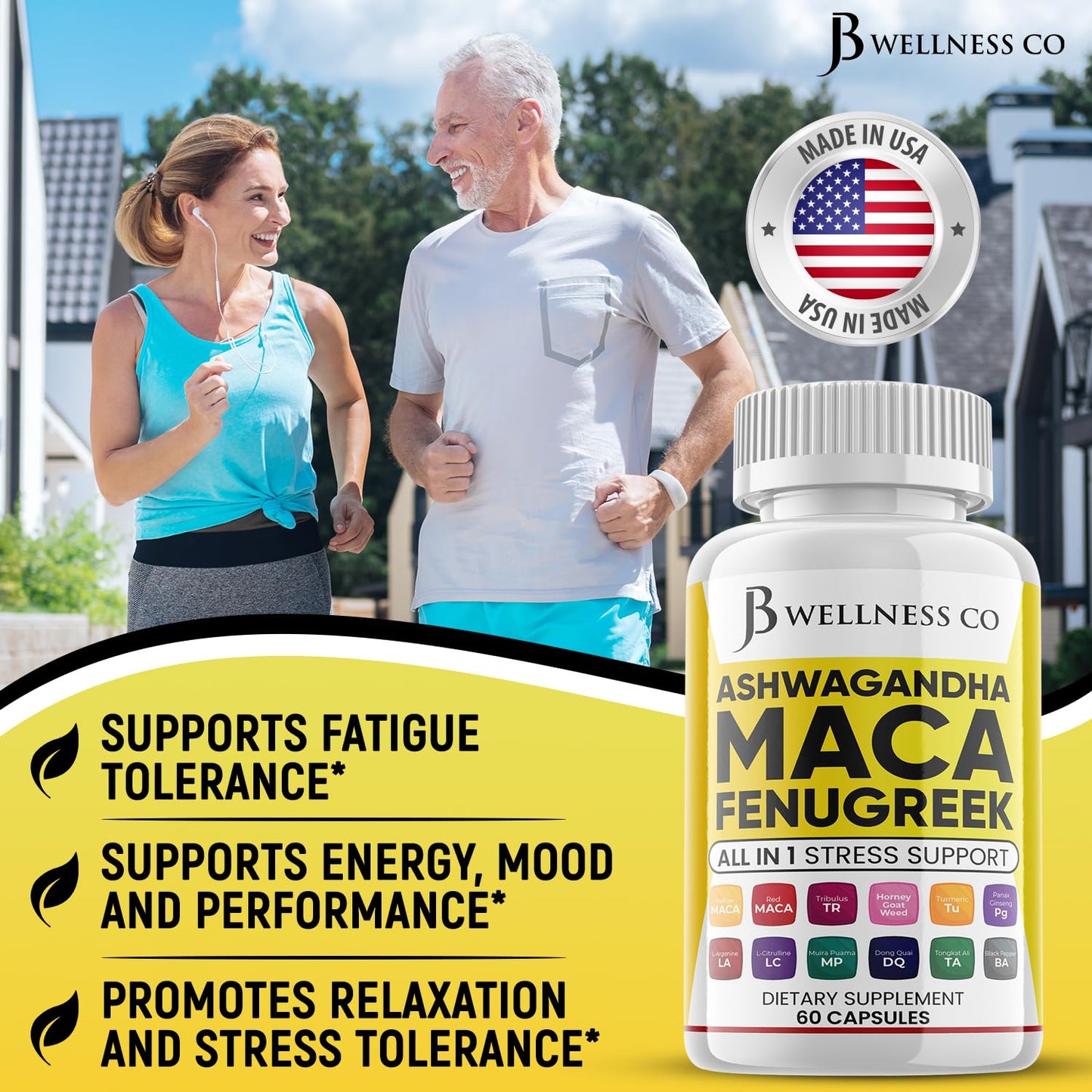 JB WELLNESS CO Ashwagandha Maca Root Fenugreek Supplement with Tongkat Ali Ginseng - Assists with Mood & Thyroid Health - Made in USA - 120 Count - Medaid International