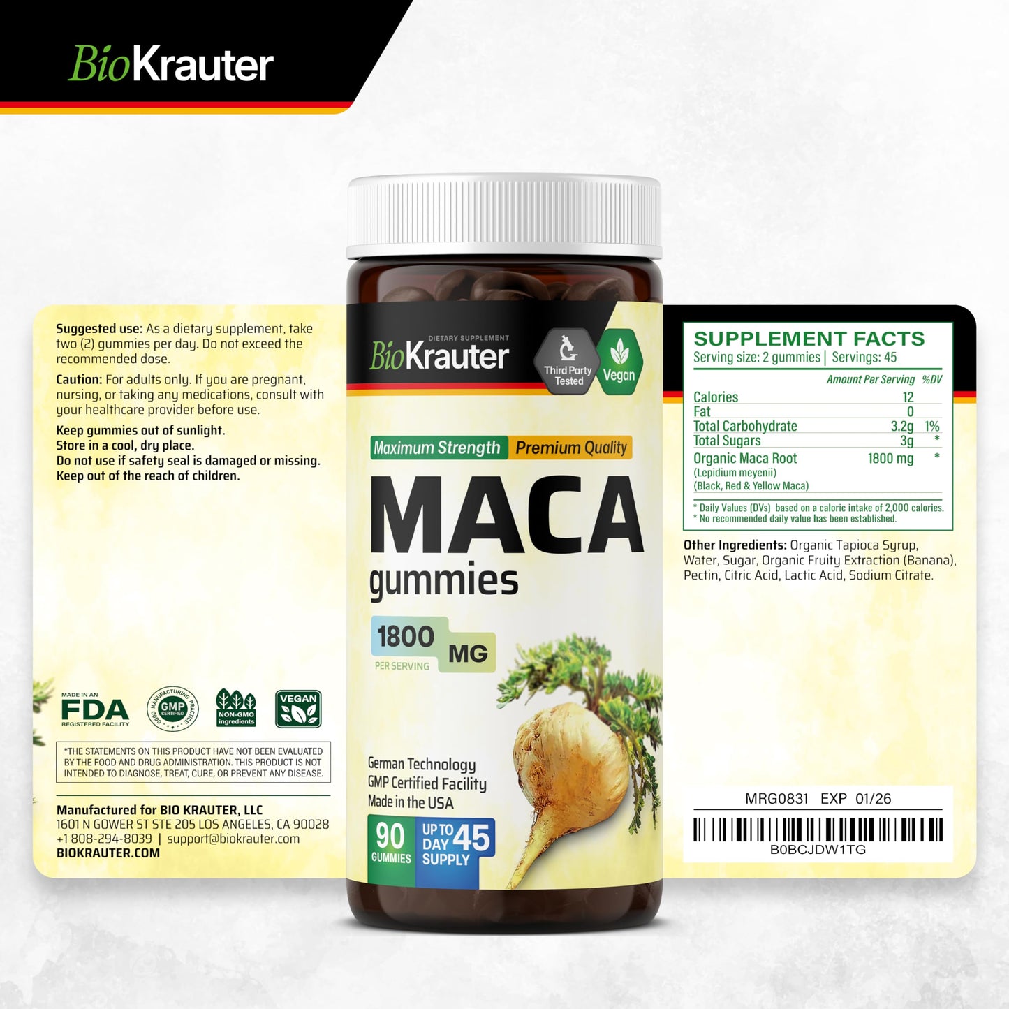 Maca Root Gummies - 1800 mg Strength - 90 Vegan Chews - Natural Support for Women & Men - Peruvian Maca Root Supplement - Banana Flavour Chews - Medaid International