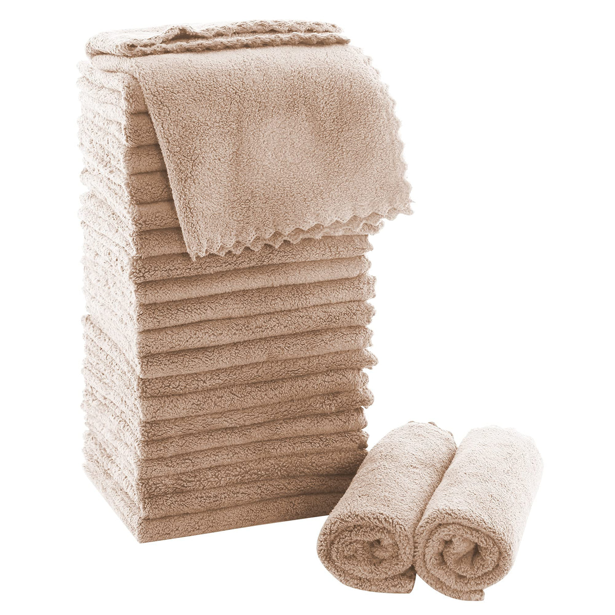 KASTWAVE Ultra Soft Premium Washcloths Set - 12 x 12 inches - 24 Pack - Quick Drying - Highly Absorbent Coral Velvet Bathroom (Khaki, 12 x 12 Inch)