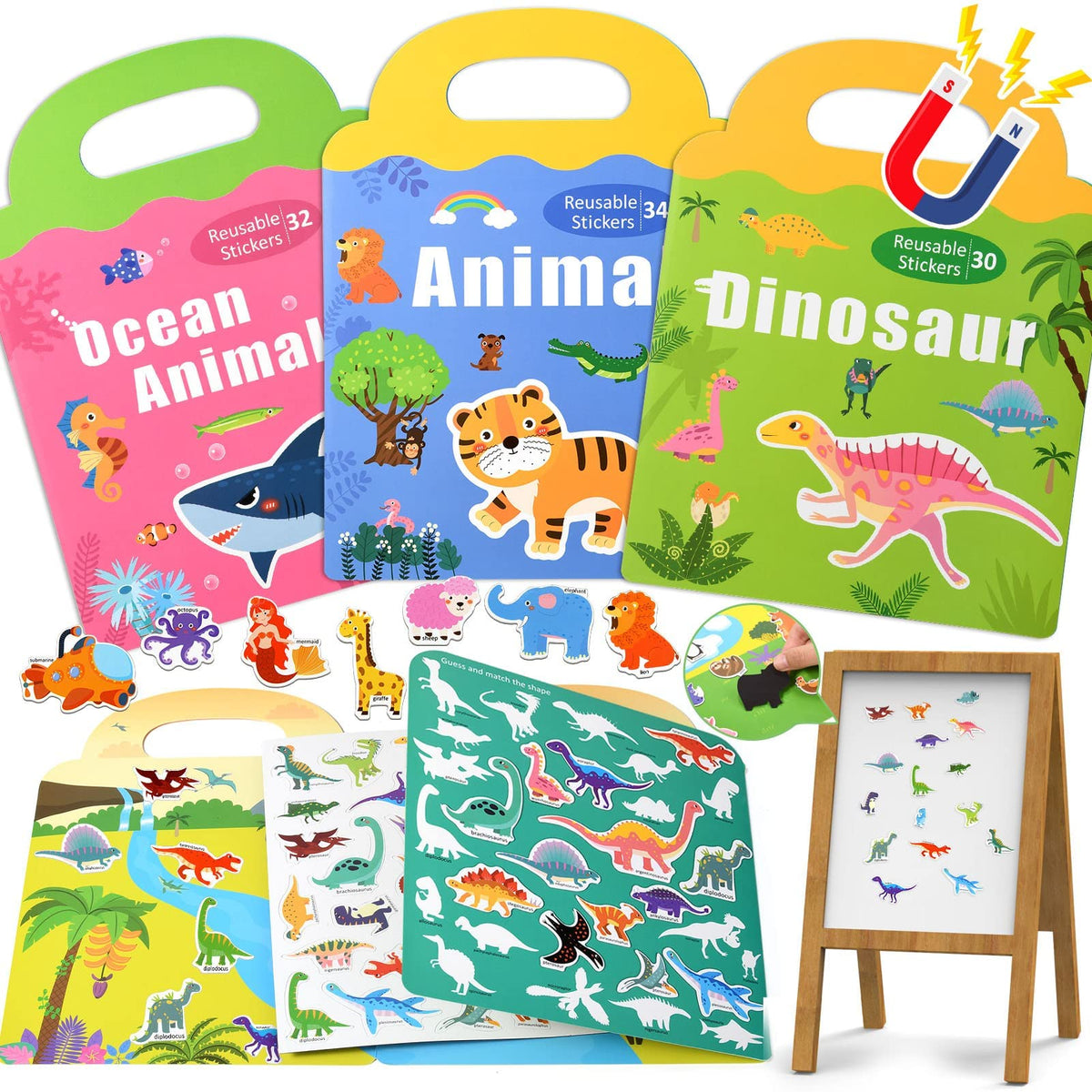 KASTWAVE Sticker Book for Kids, 3 Pack Reusable Sticker Books for Toddlers, Magnetic Sticker Books for Toddlers Static Toys Ocean Animals Dinosaur Stickers Books for 1-6 Years Educational Toys
