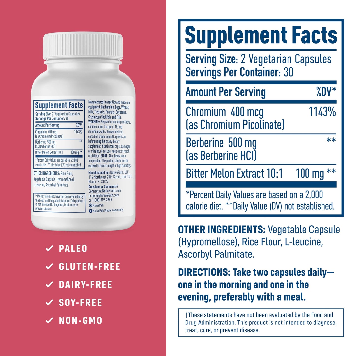 NativePath Native Berberine HCl 3-in-1 Complex with Chromium & Bitter Melon Extract - 500mg Premium Metabolic Support - 60 Capsules - Medaid International