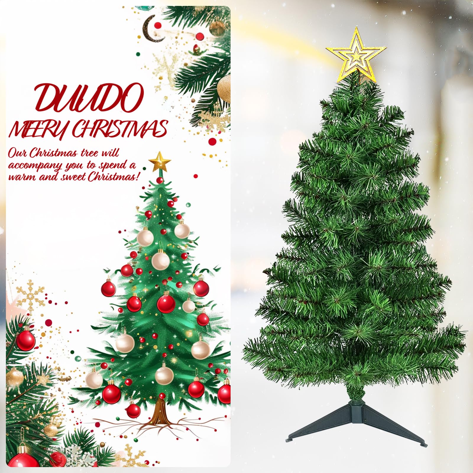 DUUDO 3FT Premium Hinged Artificial Holiday Small Mini Christmas Tree for Tabletop,Home, Office, Indoor and Outdoor Holiday Decoration,Easy Assembly Metal Hinges & Foldable Base - Medaid International