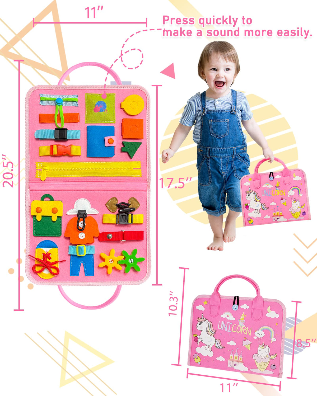 Exorany Busy Board Montessori Toys for 1 2 3 4 Year Old Girls & Boys Gifts, Sensory Toys for Toddlers 1-3, Autism Educational Travel Toys, Preschool Activities for Learning Fine Motor Skills (Pink)