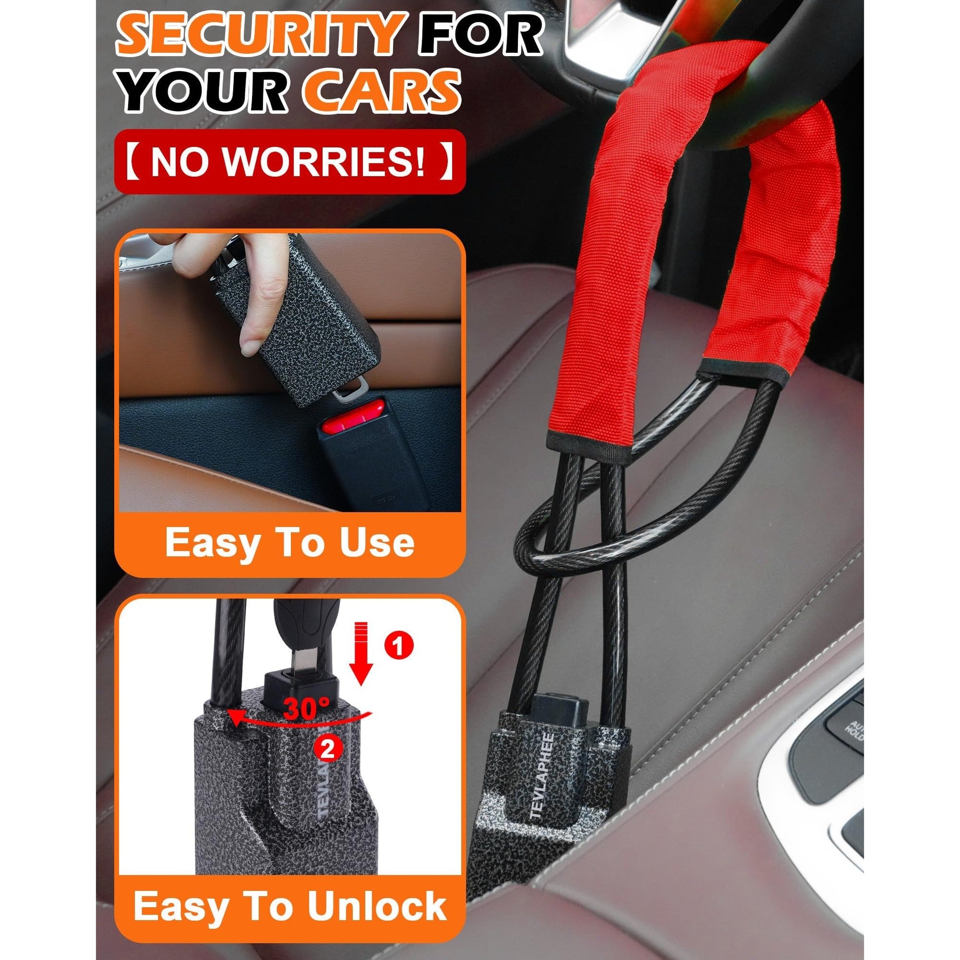 Tevlaphee Steering Wheel Lock Seat Belt Lock Universal Anti Theft Car Device Car Lock Car Theft Prevention with 3 Keys for Car Security Fit Most Vehicles Truck SUV Van (Red) - Medaid International