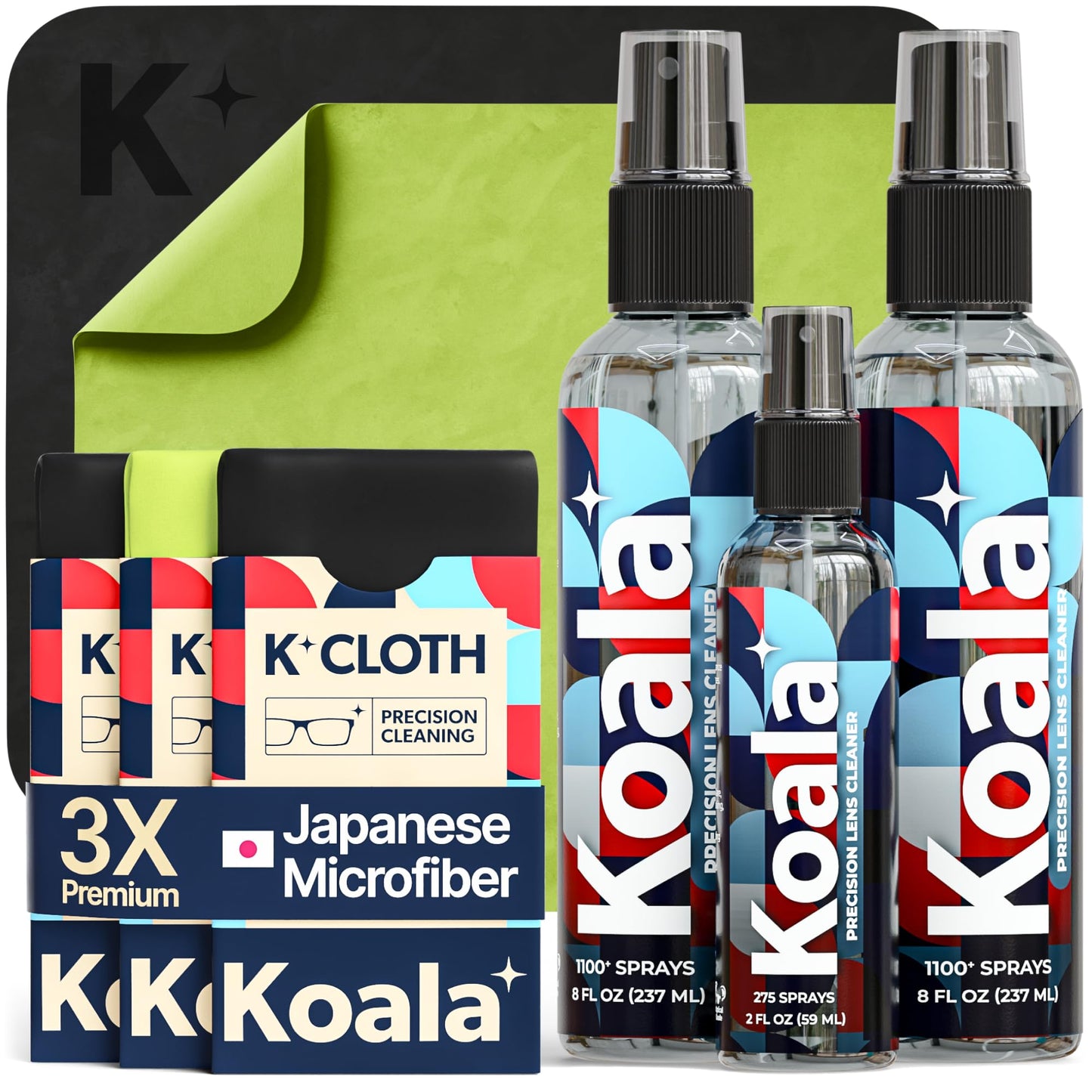 Koala Eyeglass Lens Cleaner Spray Kit | (2x) 8oz + (1x) 2oz Glasses Cleaner Bottle + (3x) Microfiber Cloth | Alcohol Free Eyeglasses, Screen, and Camera Cleaning Kit (6 Piece Set) - Medaid International