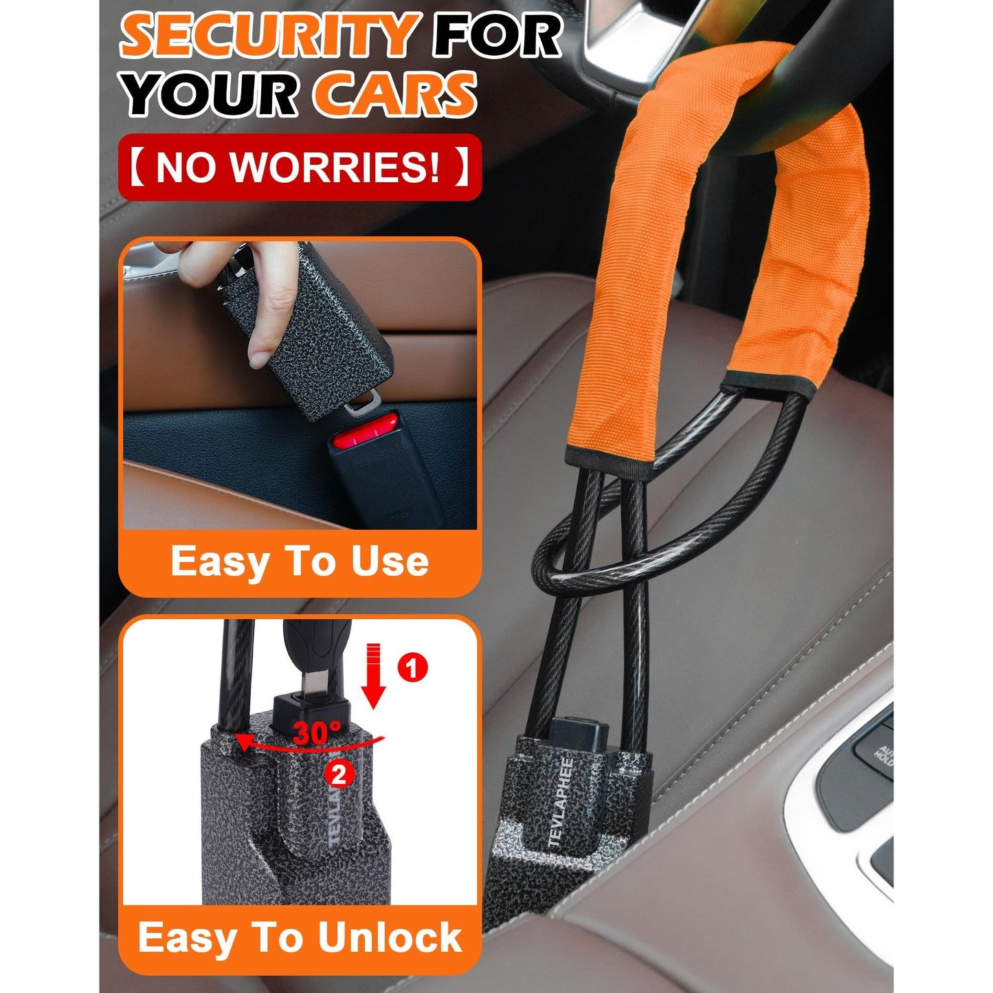 Tevlaphee Steering Wheel Lock Seat Belt Lock Universal Anti Theft Car Device Car Lock Car Theft Prevention with 3 Keys for Car Security Fit Most Vehicles Truck SUV Van (Orange) - Medaid International