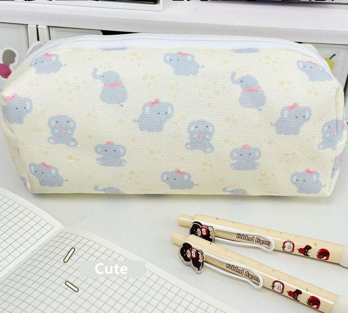 Star Wish Elephant Pencil Case, Large Capacity Canvas Pen Pouch for Students, Cute Kawaii Stationery Organizer Bag with Adorable Elephant Design, Portable Storage Makeup Bag for Girls School Office