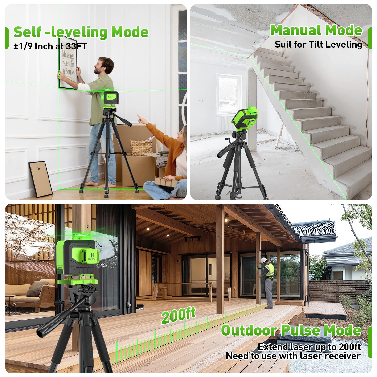 Huepar Laser Level 360 Self Leveling, 16 Lines High Accuracy ±1/9" Green Laser Level with Remote Control, 4x360 Cross Line Tiling Floor Laser Tool, 4D for Construction 904DG - Medaid International