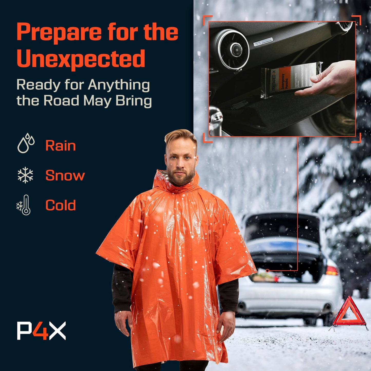 PREPARED4X Emergency Mylar Poncho – Survival Rain Poncho with Hood – Lightweight, Compact, Reusable Emergency Blanket Poncho for Hiking, Camping, Thermal Gear, Car Kit, Outdoors – 4 Pack (Orange)