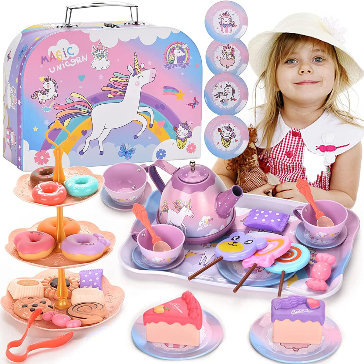 Unicorn Gifts Tea Party Set for Little Girls, Gift for Age 3 4 5 6 Year Old, Princess Tea Set Toys for Little Girls, Kids Kitchen Pretend Toy with Tin Tea Set (Unicorn Theme)