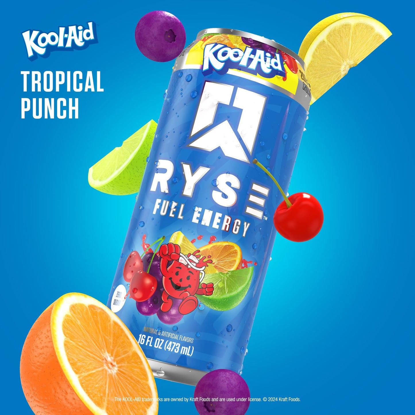 RYSE Fuel Energy Drink - Kool-Aid Tropical Punch - Sugar Free, Gluten Free & Vegan - 200mg Natural Caffeine, Taurine & Choline for Focus & Energy - No Artificial Colors - 16 fl oz Cans (12-Pack) - Medaid International