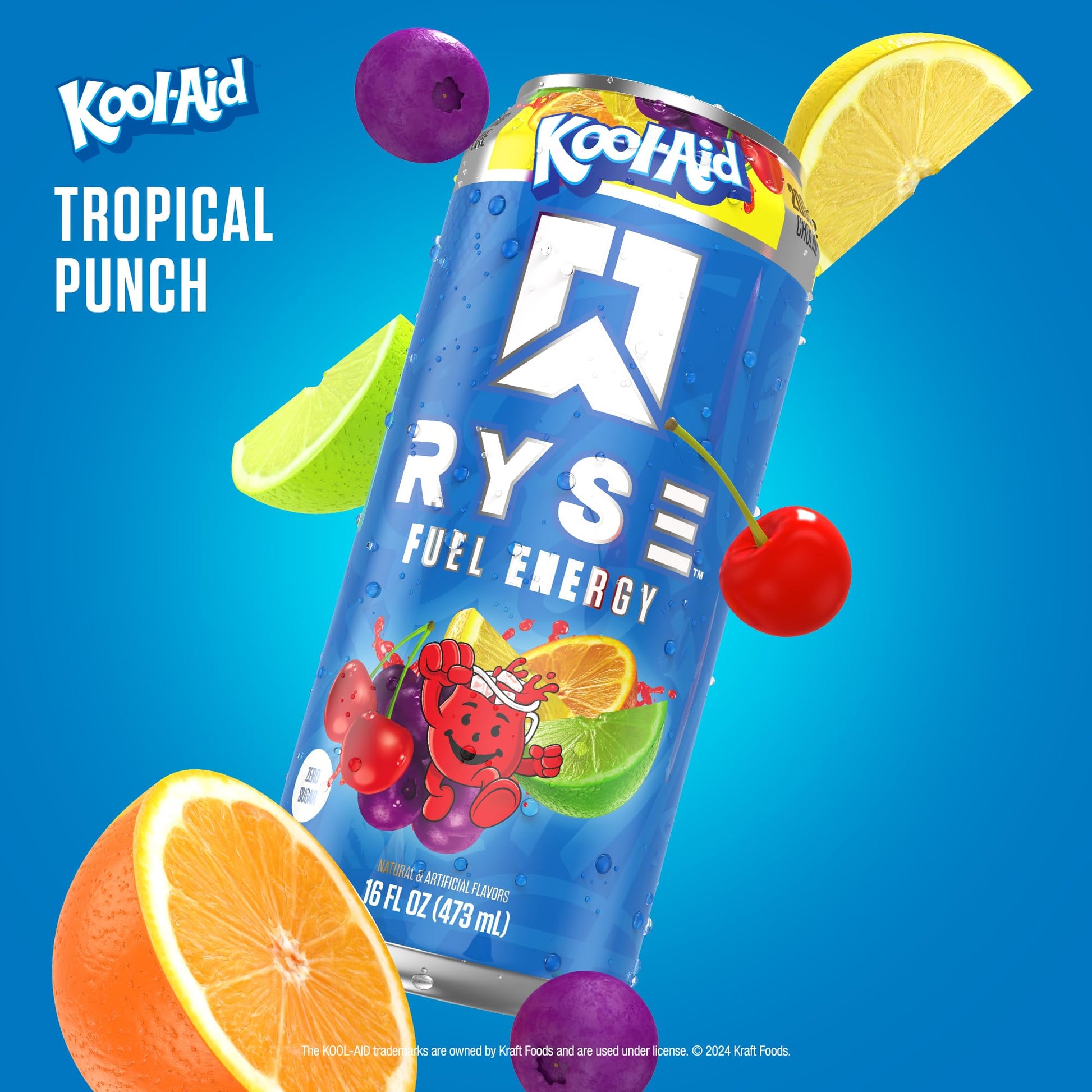 RYSE Fuel Energy Drink - Kool-Aid Tropical Punch - Sugar Free, Gluten Free & Vegan - 200mg Natural Caffeine, Taurine & Choline for Focus & Energy - No Artificial Colors - 16 fl oz Cans (12-Pack) - Medaid International