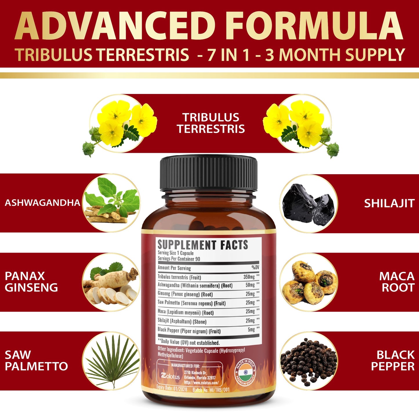 Tribulus Terrestris Capsules with Ashwagndha, Panax Ginseng, Saw Palmetto, Maca, Shilajit - 90 Capsules - 3 Months Supply - Medaid International