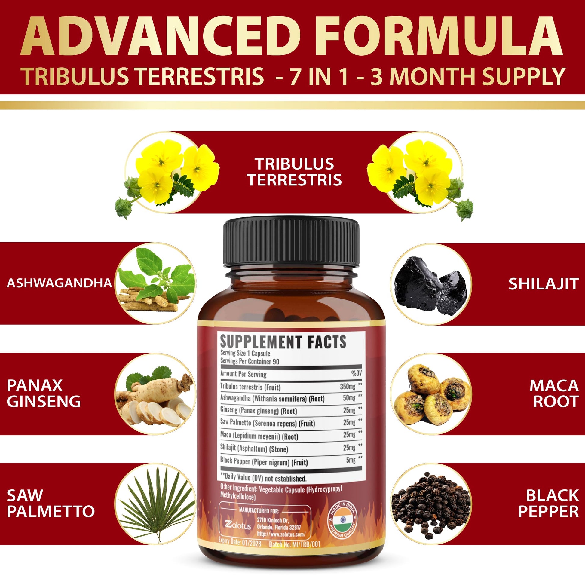 Tribulus Terrestris Capsules with Ashwagndha, Panax Ginseng, Saw Palmetto, Maca, Shilajit - 90 Capsules - 3 Months Supply - Medaid International