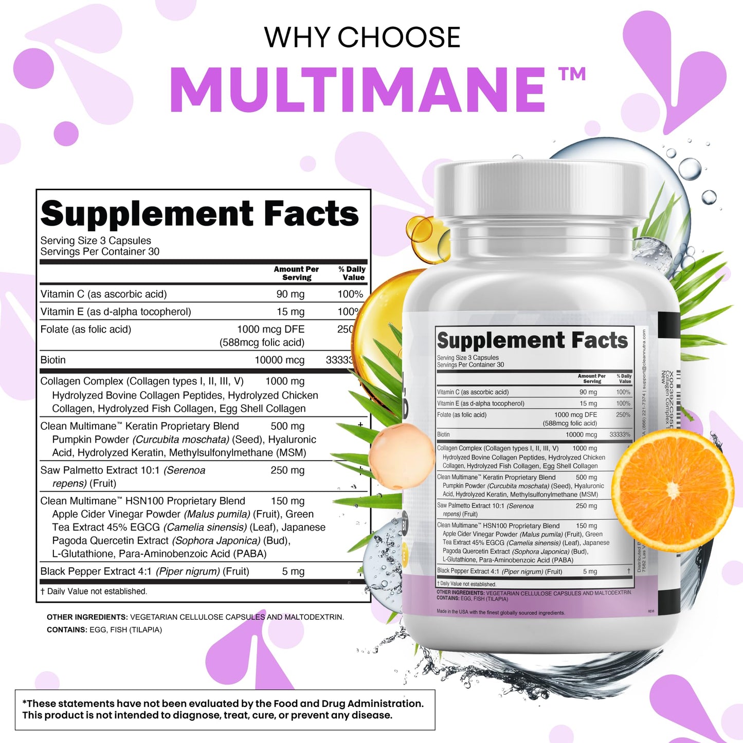 Clean Nutraceuticals Collagen Pills 1000mg Biotin 10000mcg Keratin Saw Palmetto Hyaluronic Acid - Hair Skin & Nails Vitamins & DHT Blocker with Vitamin E Folic Acid Pumpkin Seed MSM - 90 Count - Medaid International