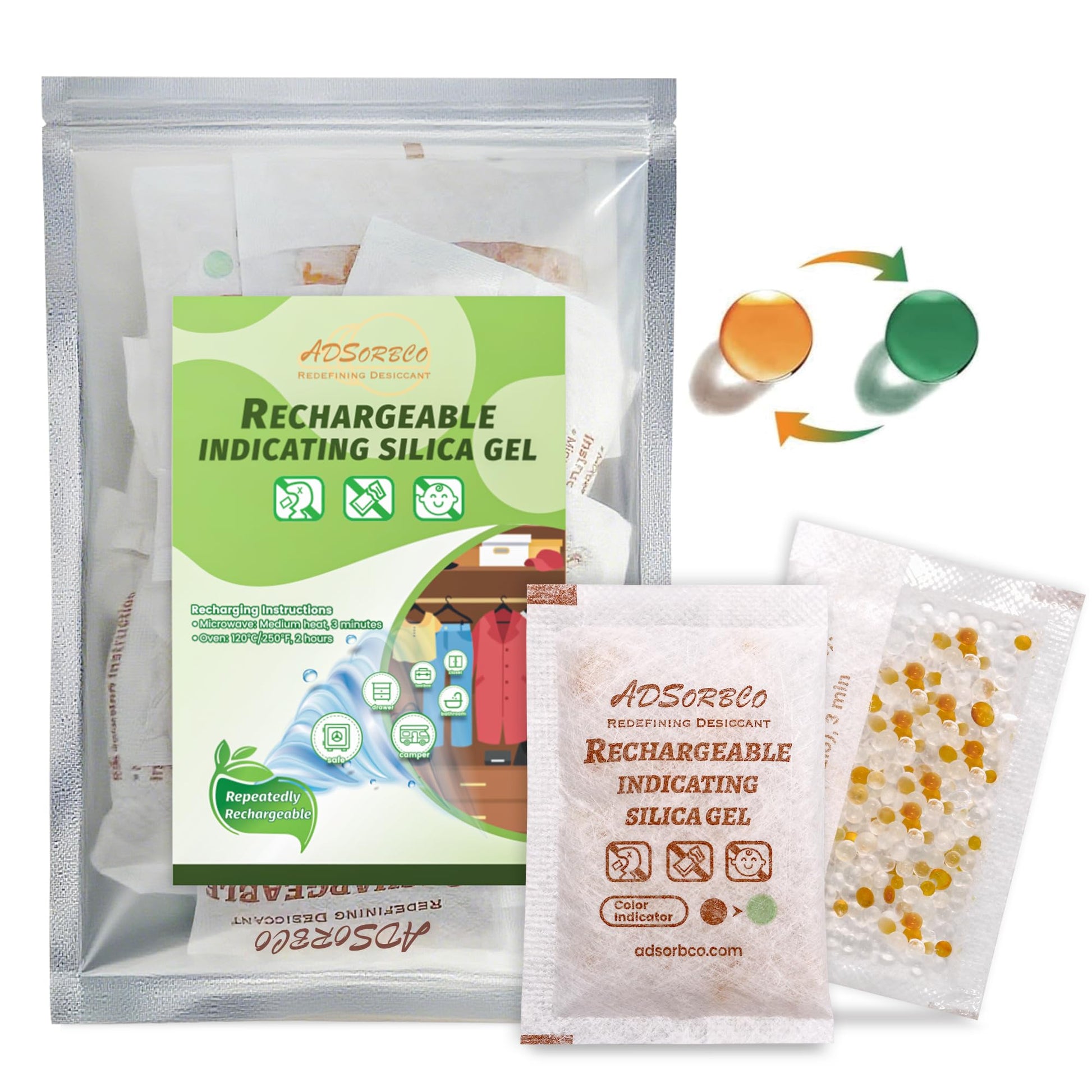 ADSorbco 5 Gram (50 Pack) Silica Gel Packets - Desiccant Packs for Storage, Moisture Absorbers for Food, Rechargeable, Orange-to-Green & White Blend for Food Storage, Electronics, Jewelry, Safes - Medaid International