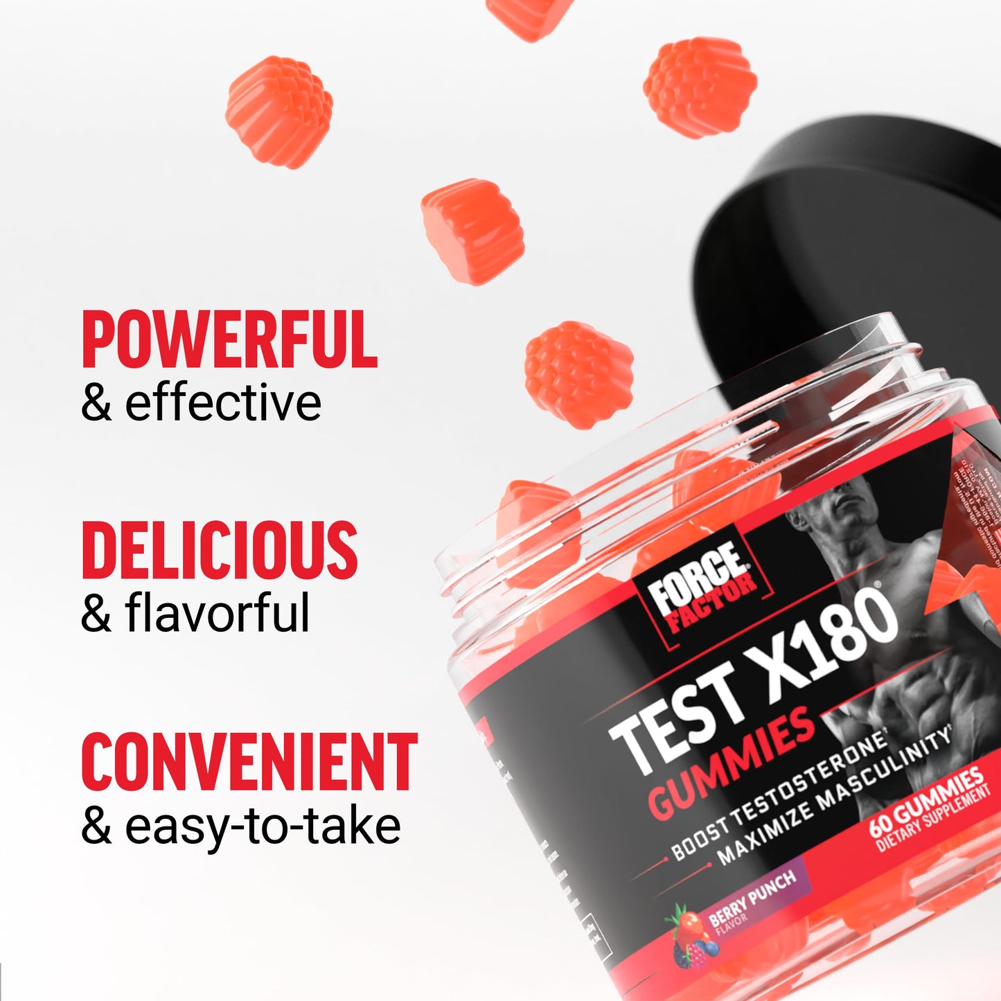 Force Factor Test X180 Gummies Testosterone Booster for Men with Tongkat Ali, Horny Goat Weed, Tribulus Terrestris, Fenugreek, & Black Maca, Supplement Men, Berry Punch, 60 Gummies, 1-Pack - Medaid International