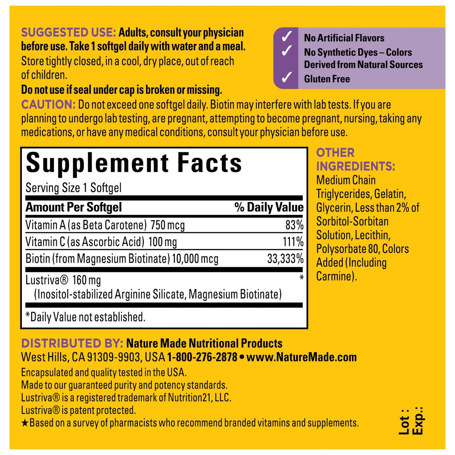 Nature Made Hair Growth Softgels with Lustriva, Biotin, Vitamin C & A, Support Healthy Hair as You Age, 30 Softgels, 30 Day Supply - Medaid International