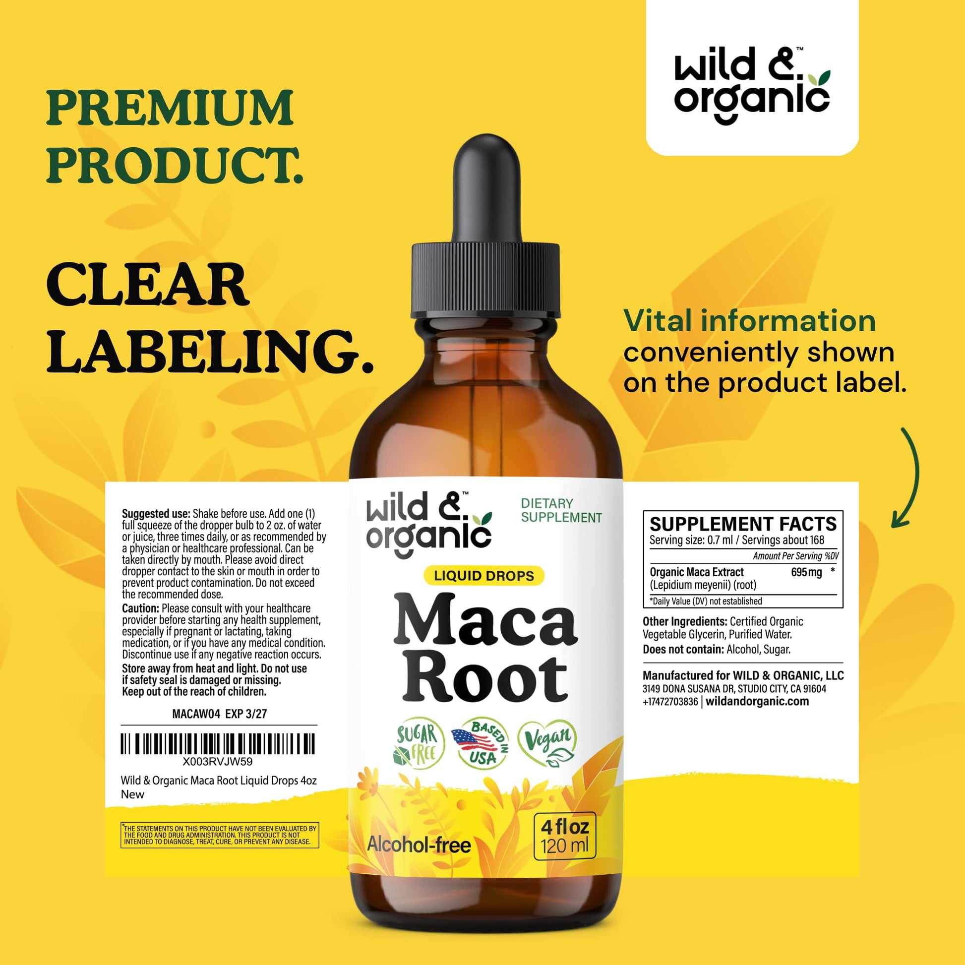 Wild & Organic Maca Root Liquid Drops for Men & Women - Peruvian Maca Tincture for Overall Support - Vegan, Sugar & Alcohol-Free Supplement - 4 fl oz - Medaid International