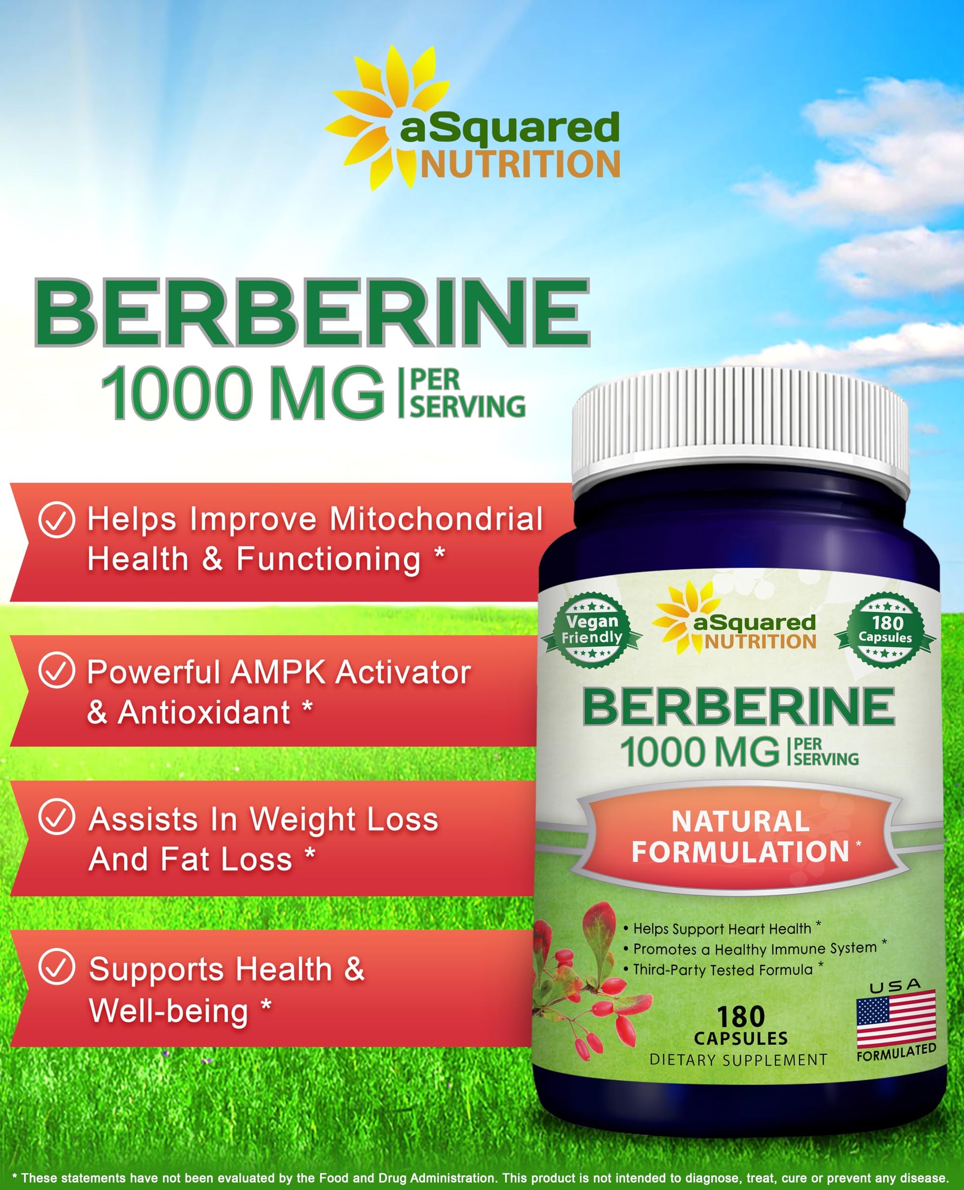 aSquared Nutrition Pure Berberine 1000mg Supplement - 180 Veggie Capsules, Natural Berberine Hydrochloride HCL Plus, Max Strength 1000 mg (2X 500mg), Potent Berberine Vegan Extract - Medaid International