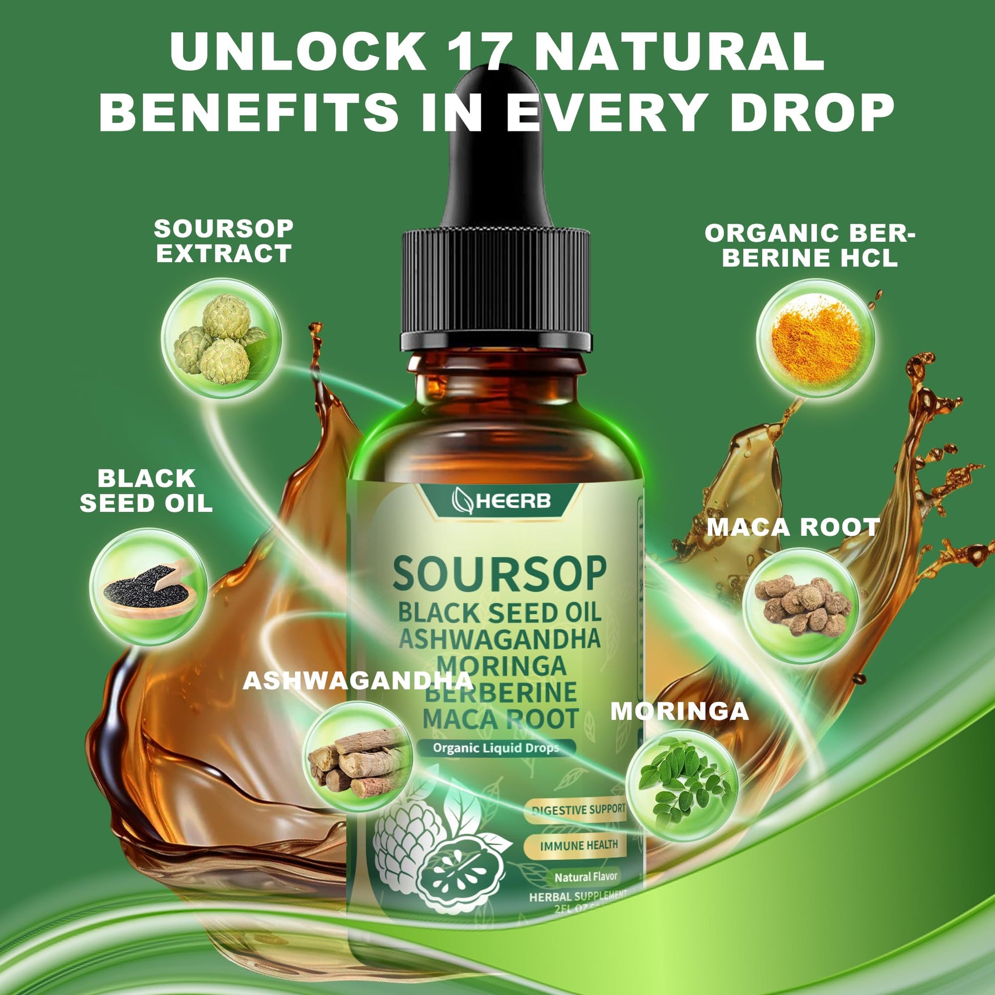 HEERB Organic Soursop Bitters Liquid – 4 Steps Detox Blend with Black Seed Oil, Ashwagandha, Moringa, Berberine, Maca Root | Pure Soursop Drops Supports Digestion, Energy & Overall Wellness (4 Fl Oz) - Medaid International