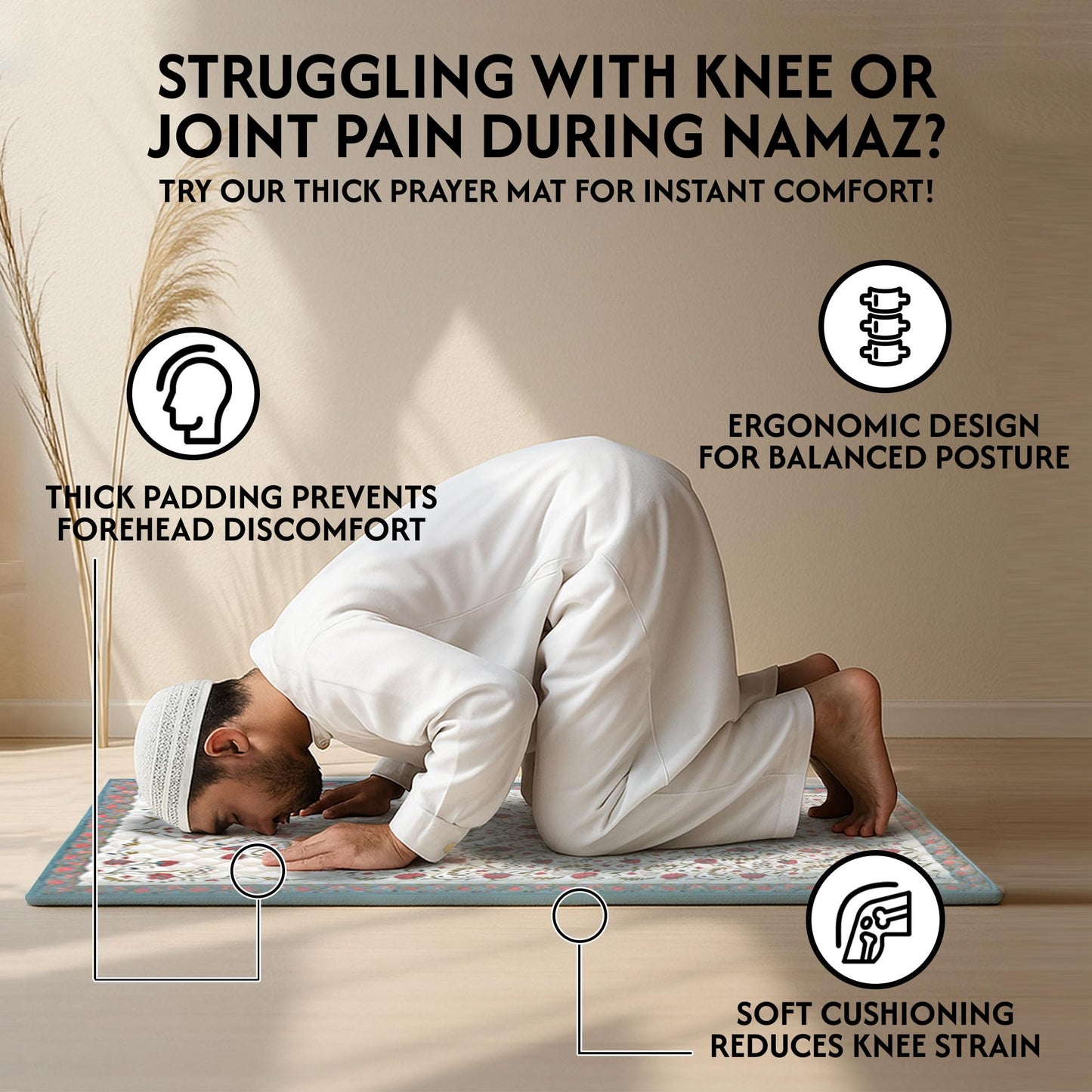 The Linen Company Prayer Mat - Thick Padded & Foldable Travel Prayer Mat - Ideal for Home, Office & Mosque Use - Portable & Machine Washable with Modern Design - Best as Islamic/Umrah Gift - Samarkand - Medaid International