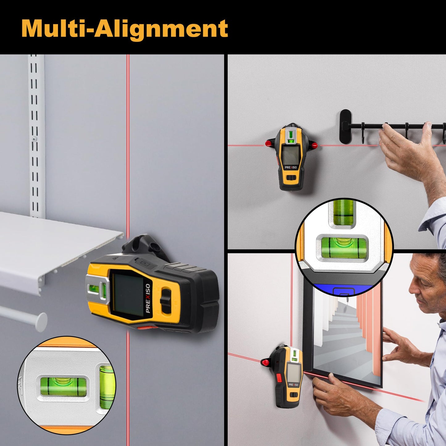 PREXISO 2-in-1 Stud Finder with Laser Level, Rechargeable Multi Surface Cross Line Laser & Wall Stud Scanners Tool for Hanging Frames & Picture, Wood Ac Wire Metal Studs Joist Pipe Detection - Medaid International