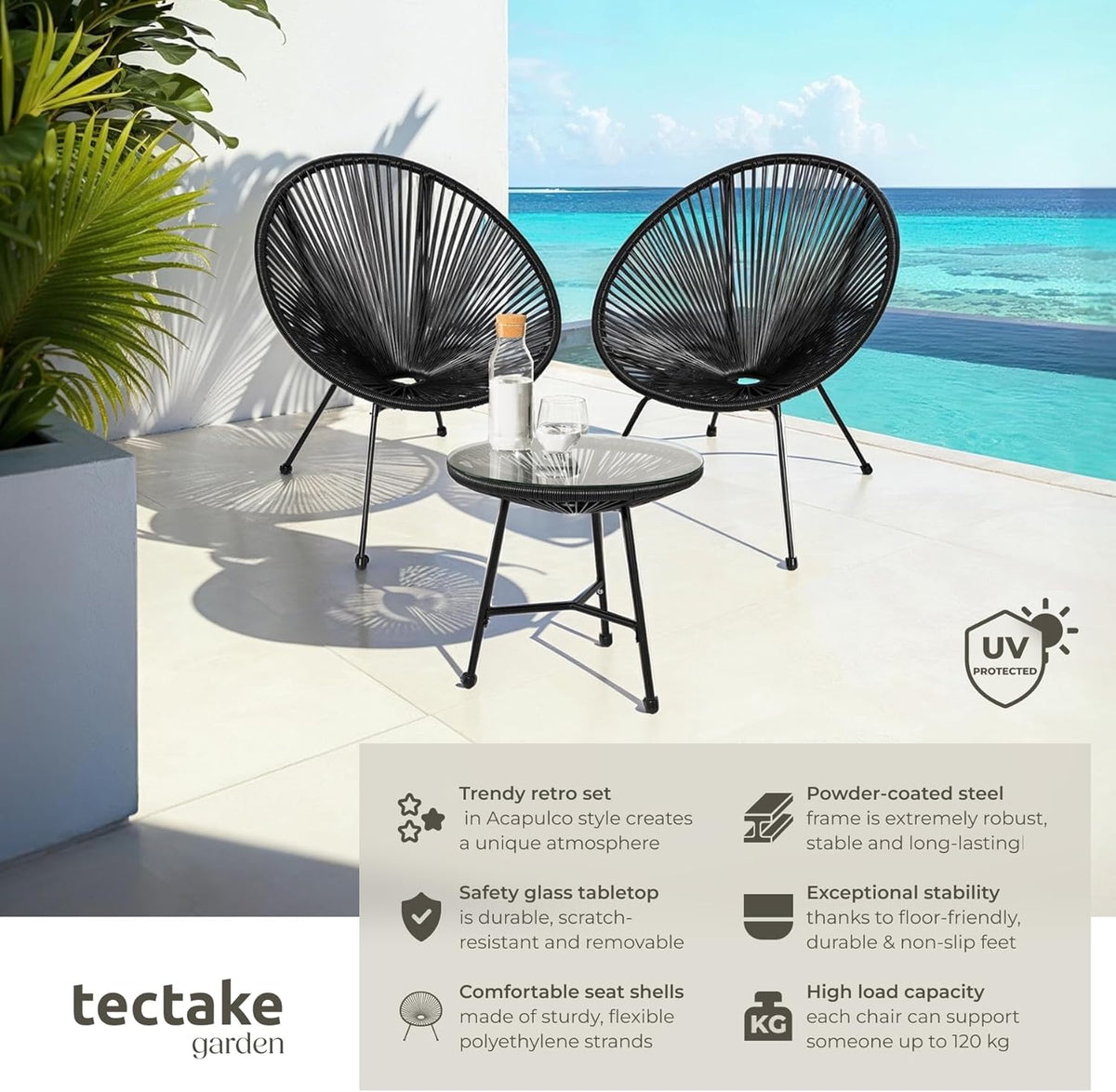 Set of 2 Outdoor Chairs & Glass Coffee Table