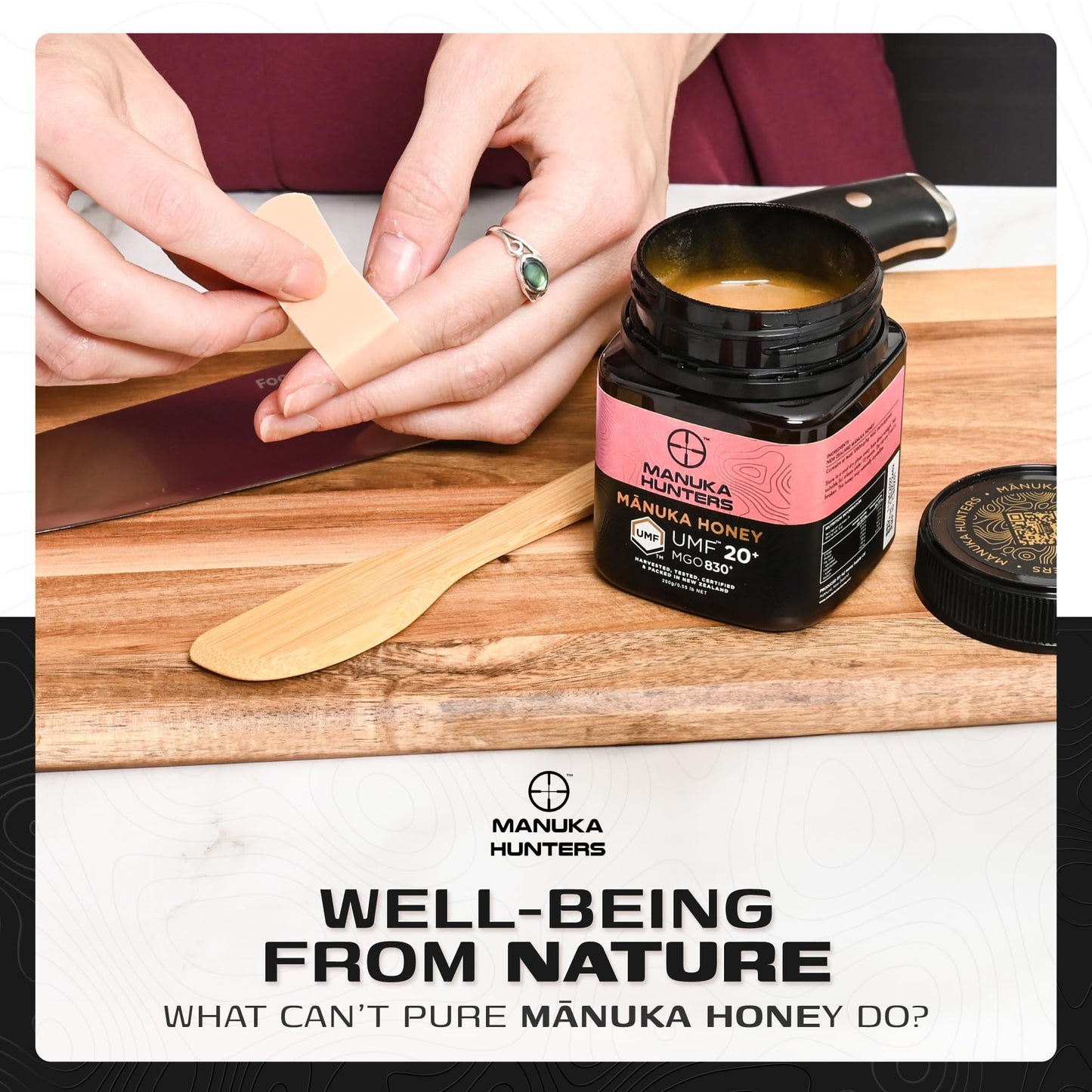 Manuka Hunters UMF 20+/MGO 830+ Certified New Zealand Manuka Honey - 100% Pure Natural Sweetener - Gluten, Dairy Free - Ideal for Tea, Coffee, Smoothies, and Baking - Sustainable - 8.8oz/250g Jar - Medaid International
