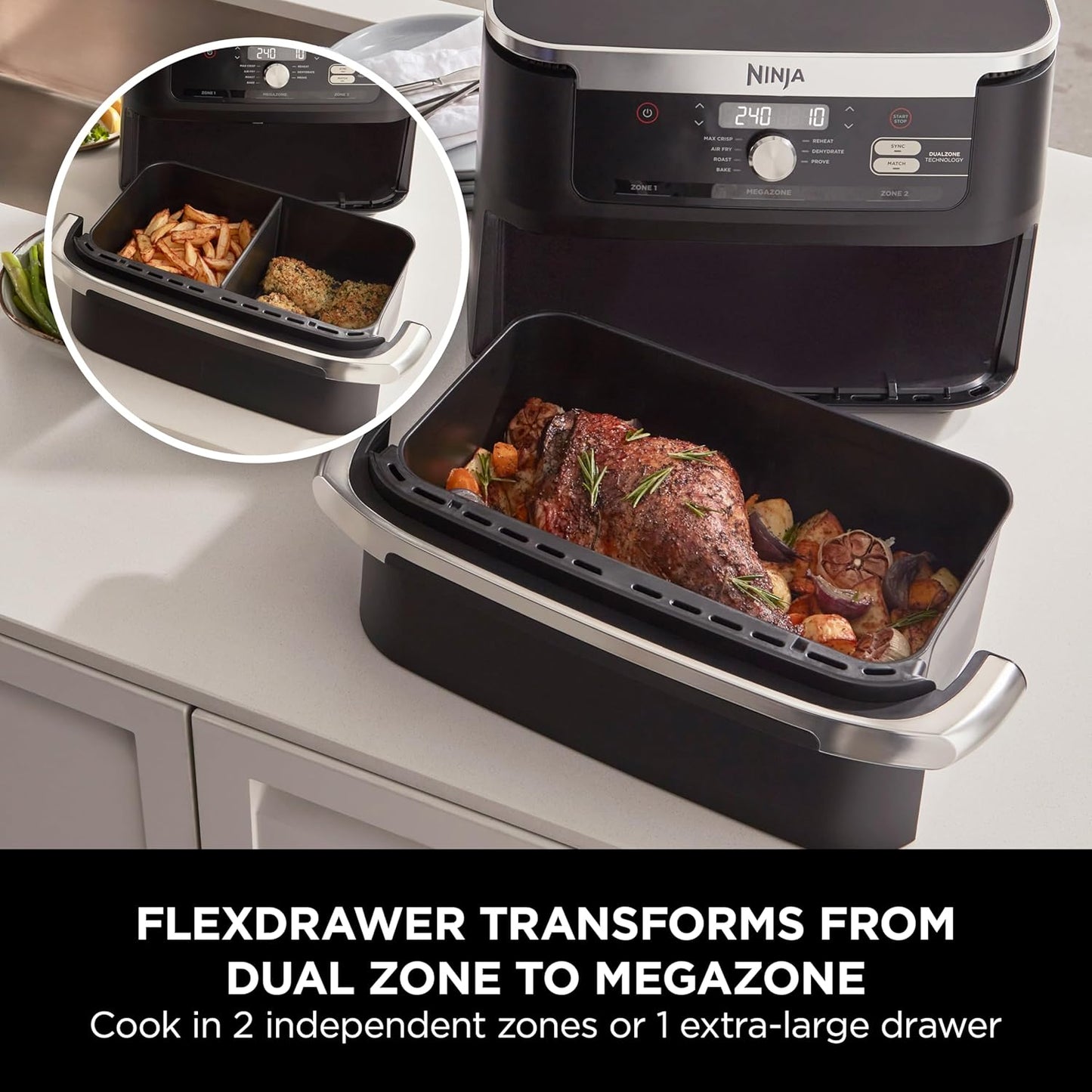 Ninja Foodi FlexDrawer Air Fryer, Dual Zone with Removable Divider, Large 10.4L Drawer, 7-in-1, Air-Fryer Uses No Oil, Air Fry, Roast, Bake, Max Crisp, Non-Stick Dishwasher Safe Parts, Black AF500ME - Medaid International