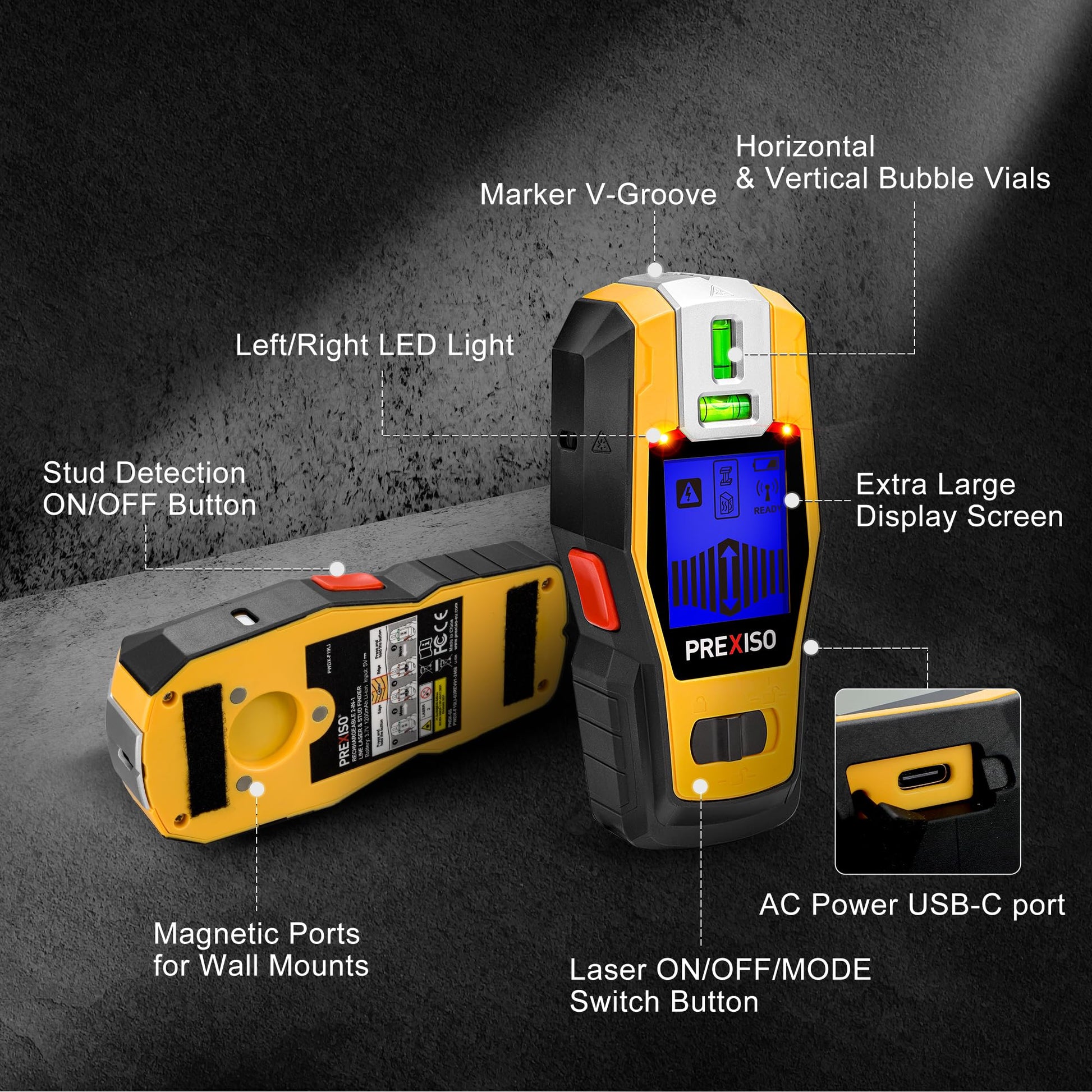 PREXISO 2-in-1 Stud Finder with Laser Level, Rechargeable Multi Surface Cross Line Laser & Wall Stud Scanners Tool for Hanging Frames & Picture, Wood Ac Wire Metal Studs Joist Pipe Detection - Medaid International
