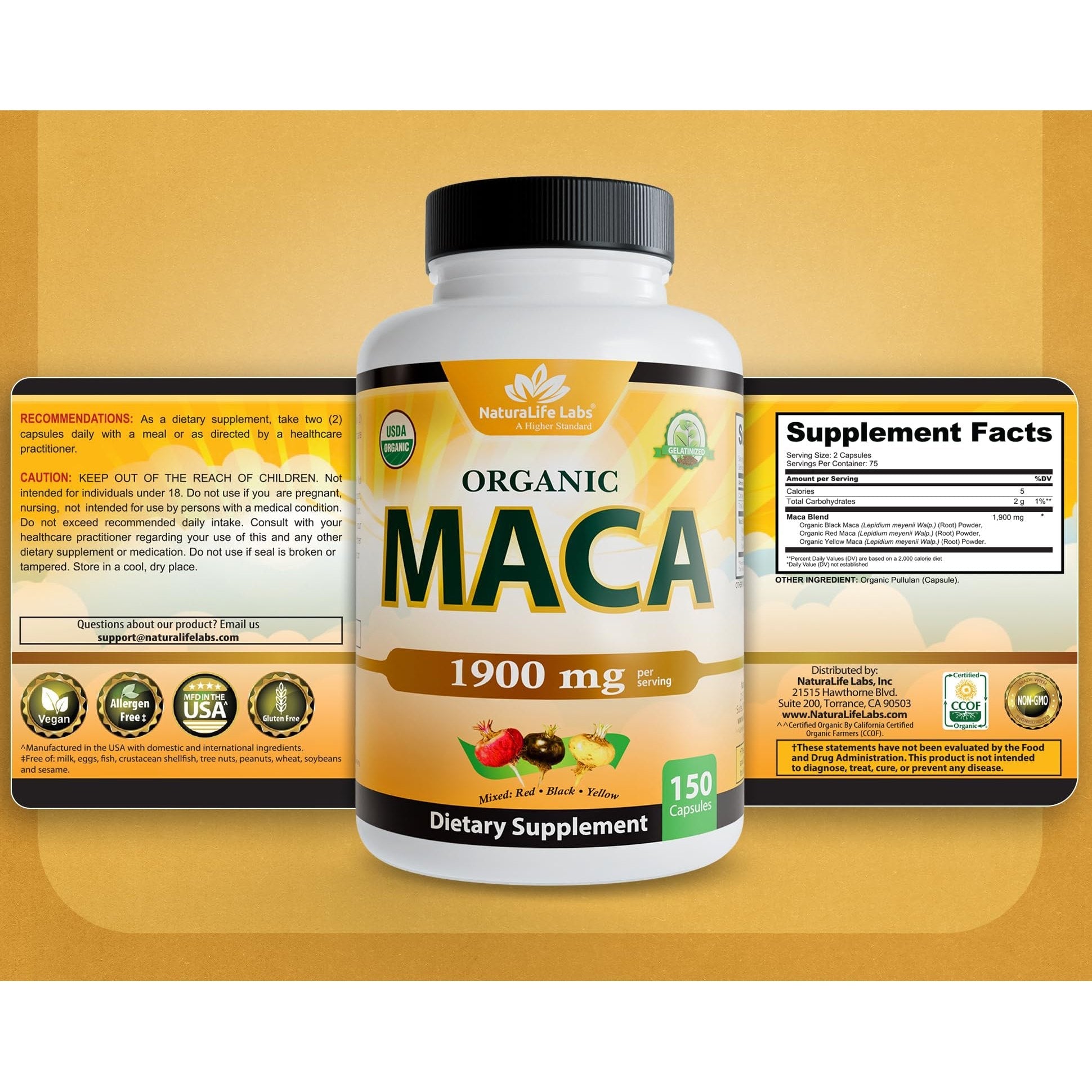 NaturaLife Labs Organic Maca Root – Black, Red & Yellow – 1900 mg per Serving – 150 Capsules – Gelatinized Peruvian Maca – Non-GMO, Gluten-Free, Vegan - Medaid International