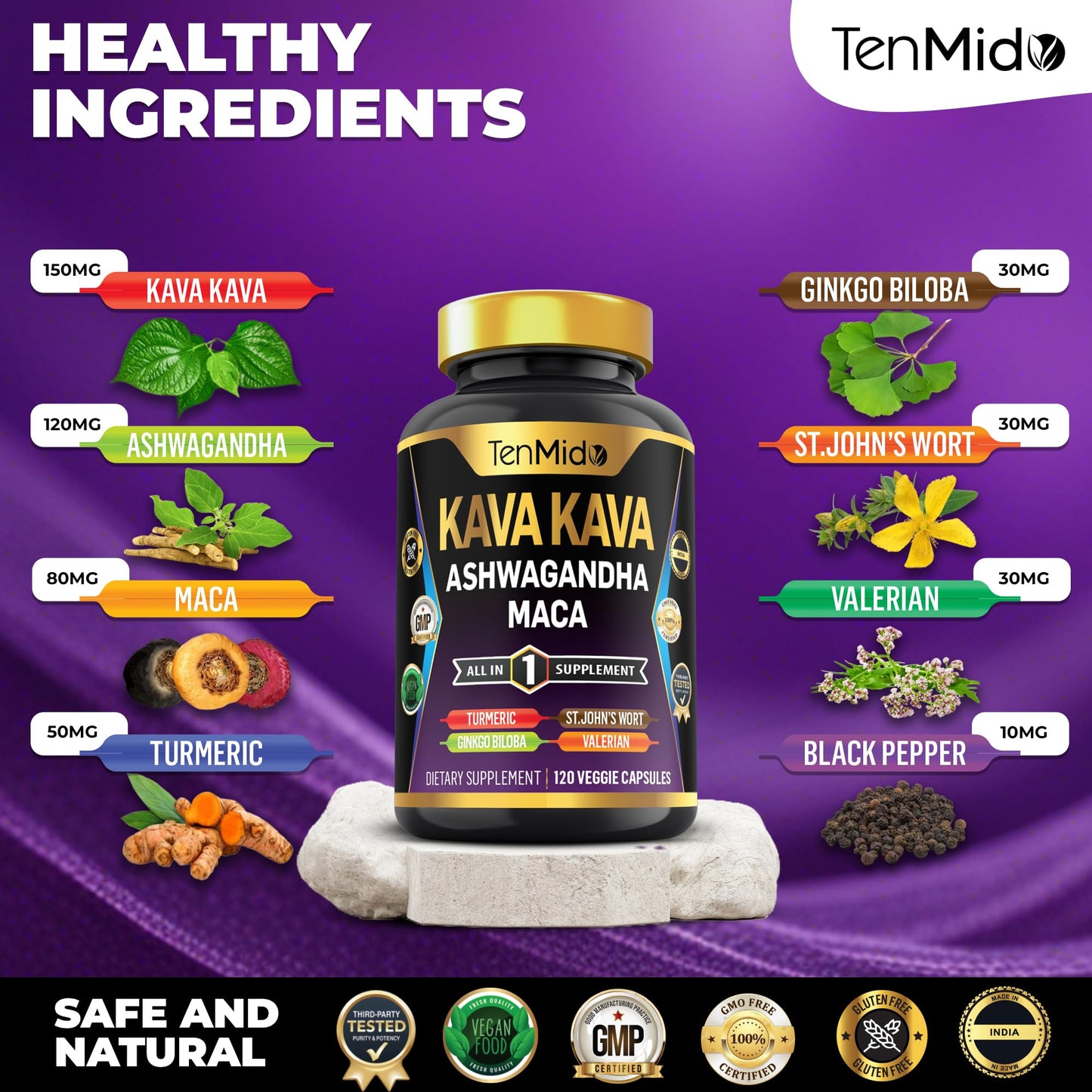 Tenmido Kava Kava Root Supplement - 8in1 Formula - Combine with Ashwagandha, Maca, Turmeric, Ginkgo Biloba, St. John's Wort, Valerian & Black Pepper - 120 Vegan Capsules, 4 Months Supply - Medaid International