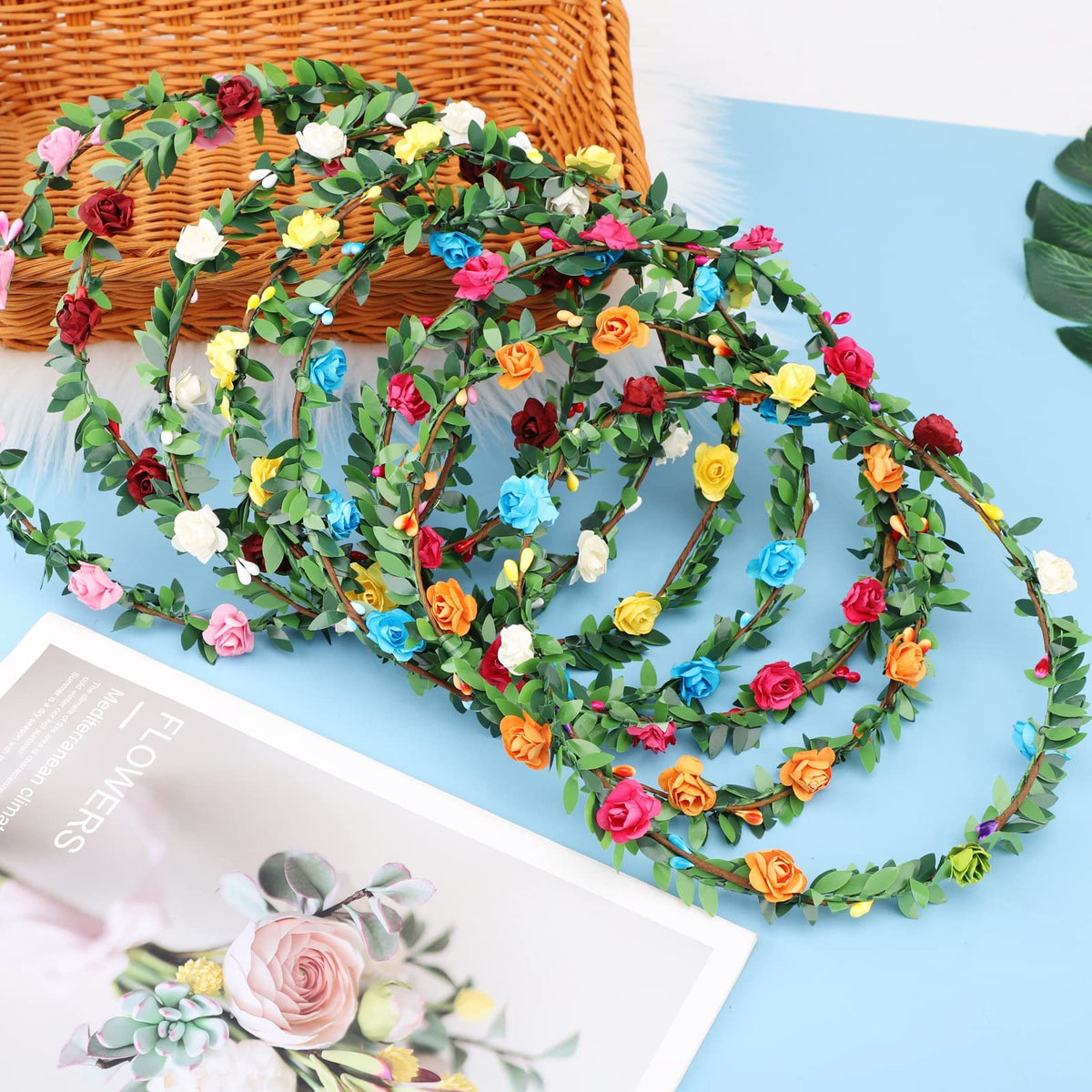 Terrifi Flower Crown, 8 Pcs Headband For Women Girls, Multicolor Floral Hair Bands Wreath, Boho Head Wreath Accessories Tiara Wedding Party Photo Props
