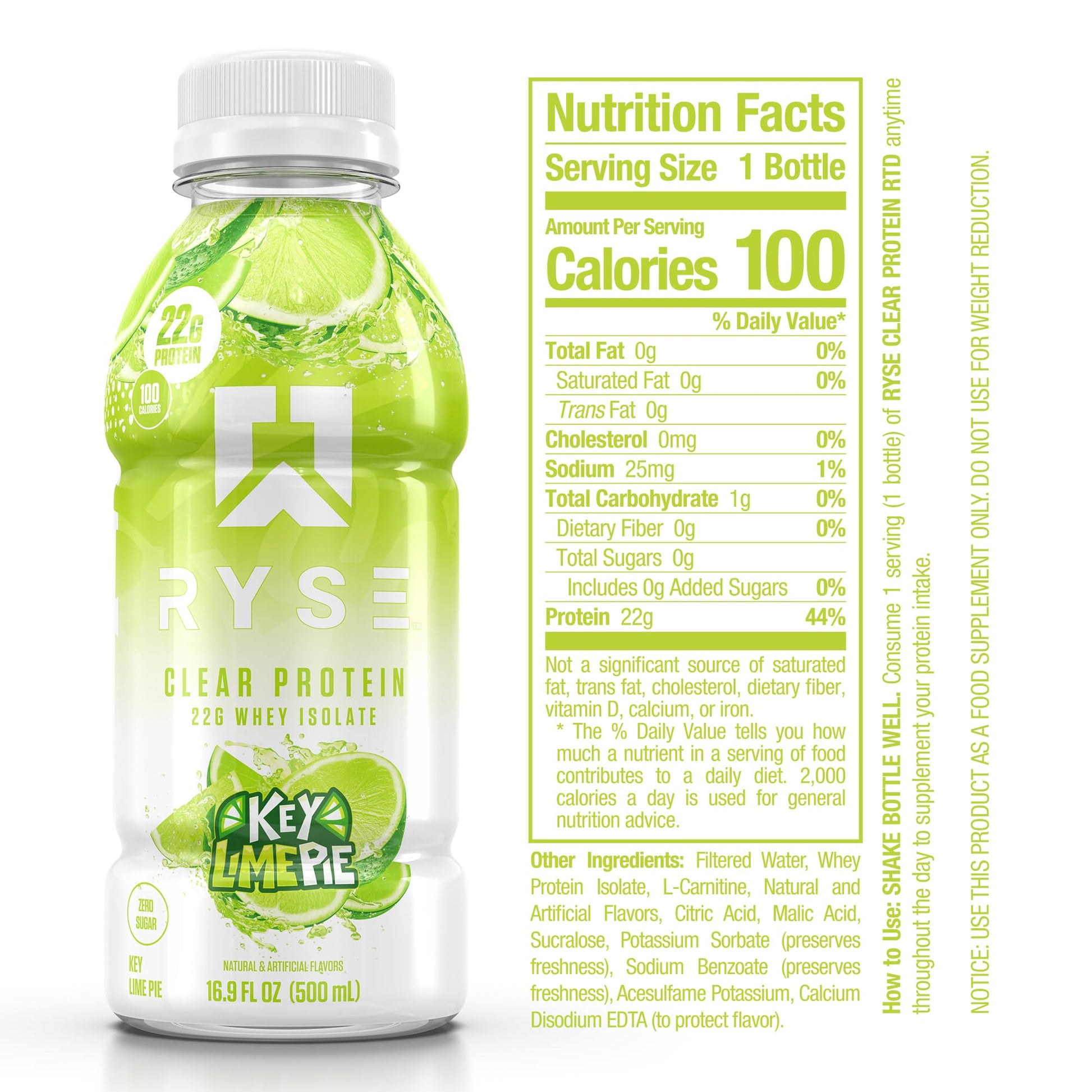 RYSE Clear Protein Drink - Key Lime Pie - 100 Calories, 22g Whey Isolate Protein Shake, Sugar-Free, 0g Fat & Lactose-Free - Refreshing Ready-to-Drink Beverage - 16.9 fl oz Bottles (12-Pack) - Medaid International