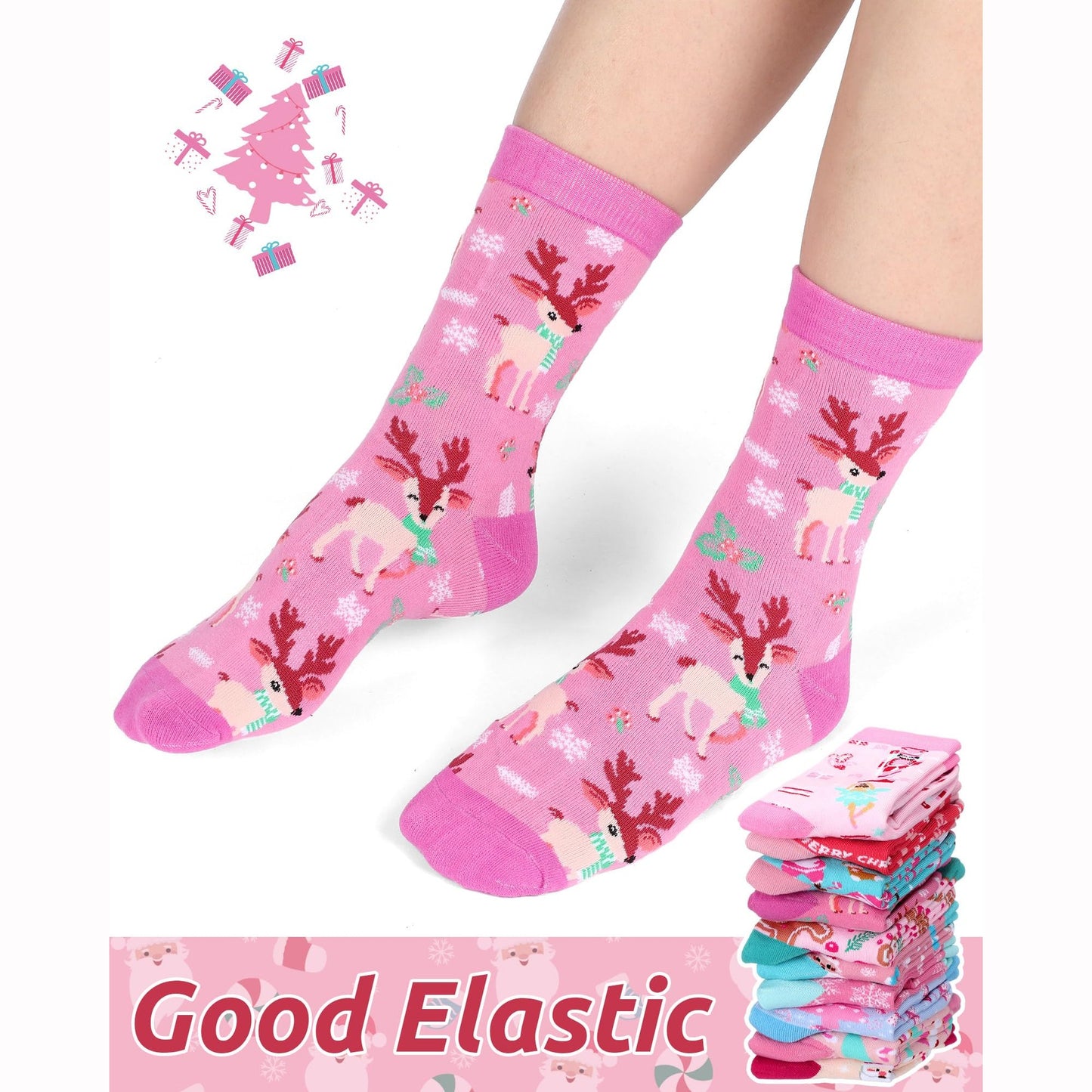 Croloose 10 Pairs Pink Christmas Socks for Women Bulk Fun Xmas Crew Socks Holiday Gift for Stocking Stuffer Party Favors (Multicolor Style) - Medaid International