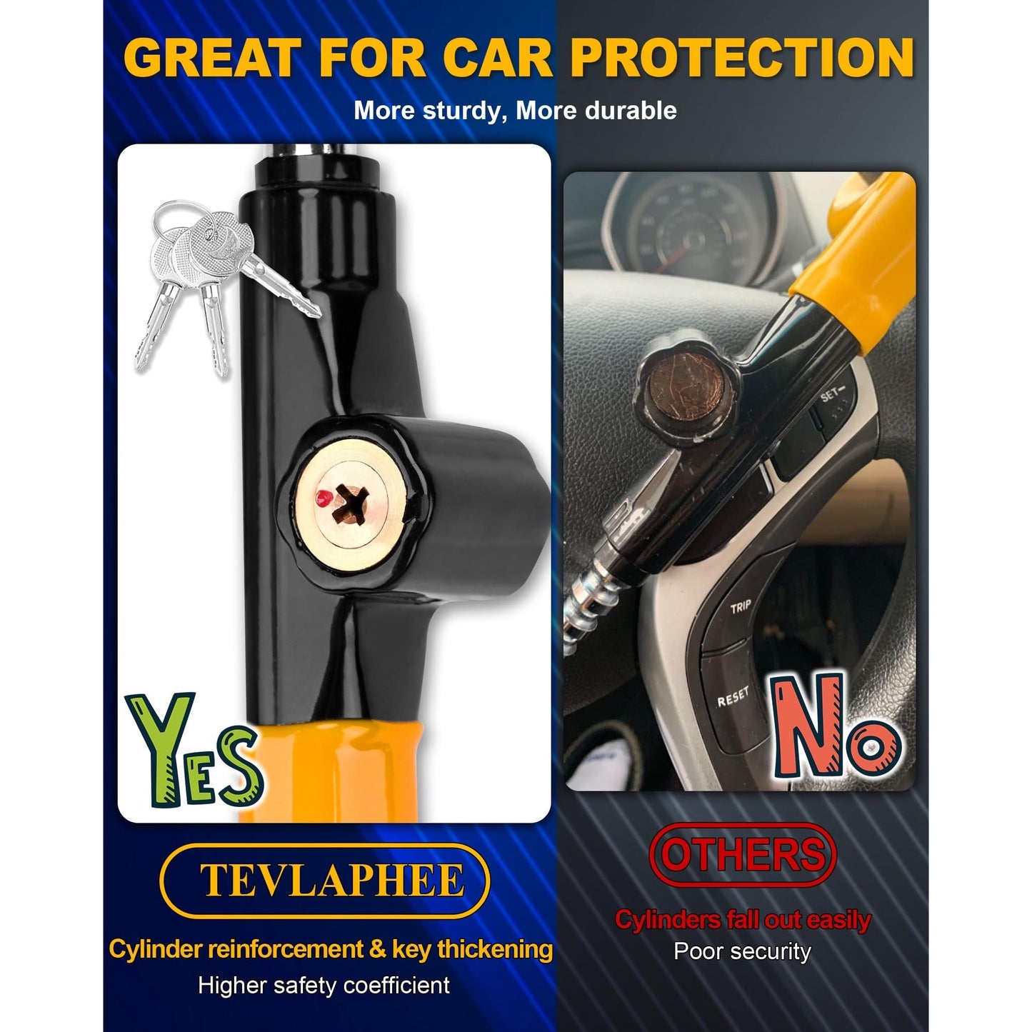 Tevlaphee Steering Wheel Lock - Anti Theft Device with Adjustable Car Wheel Lock, 3 Keys (Yellow) - Medaid International