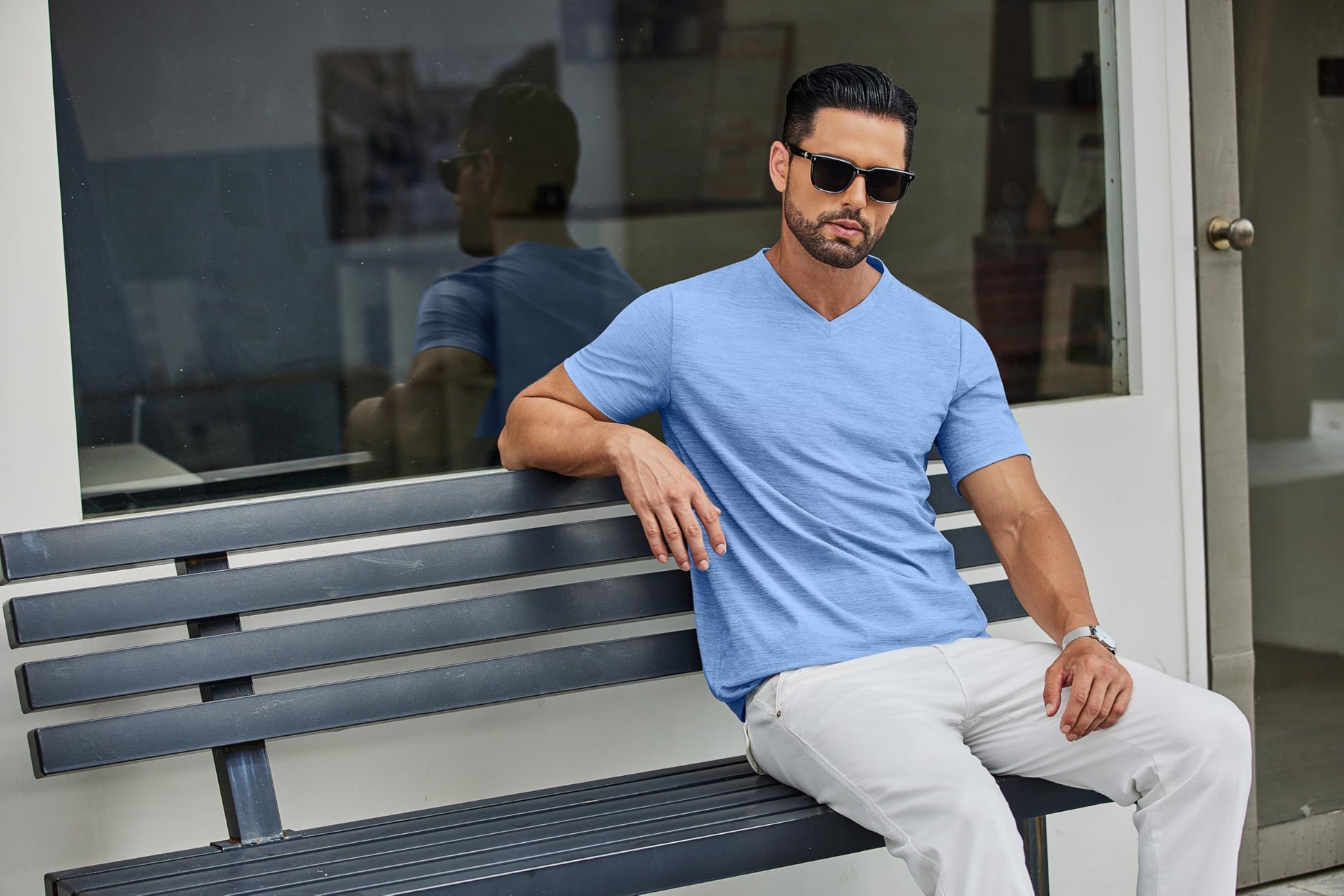 COOFANDY Men's T Shirts Short Sleeve Classic V Neck T-Shirt Casual Summer Basic Tee Shirt Light Blue - Medaid International