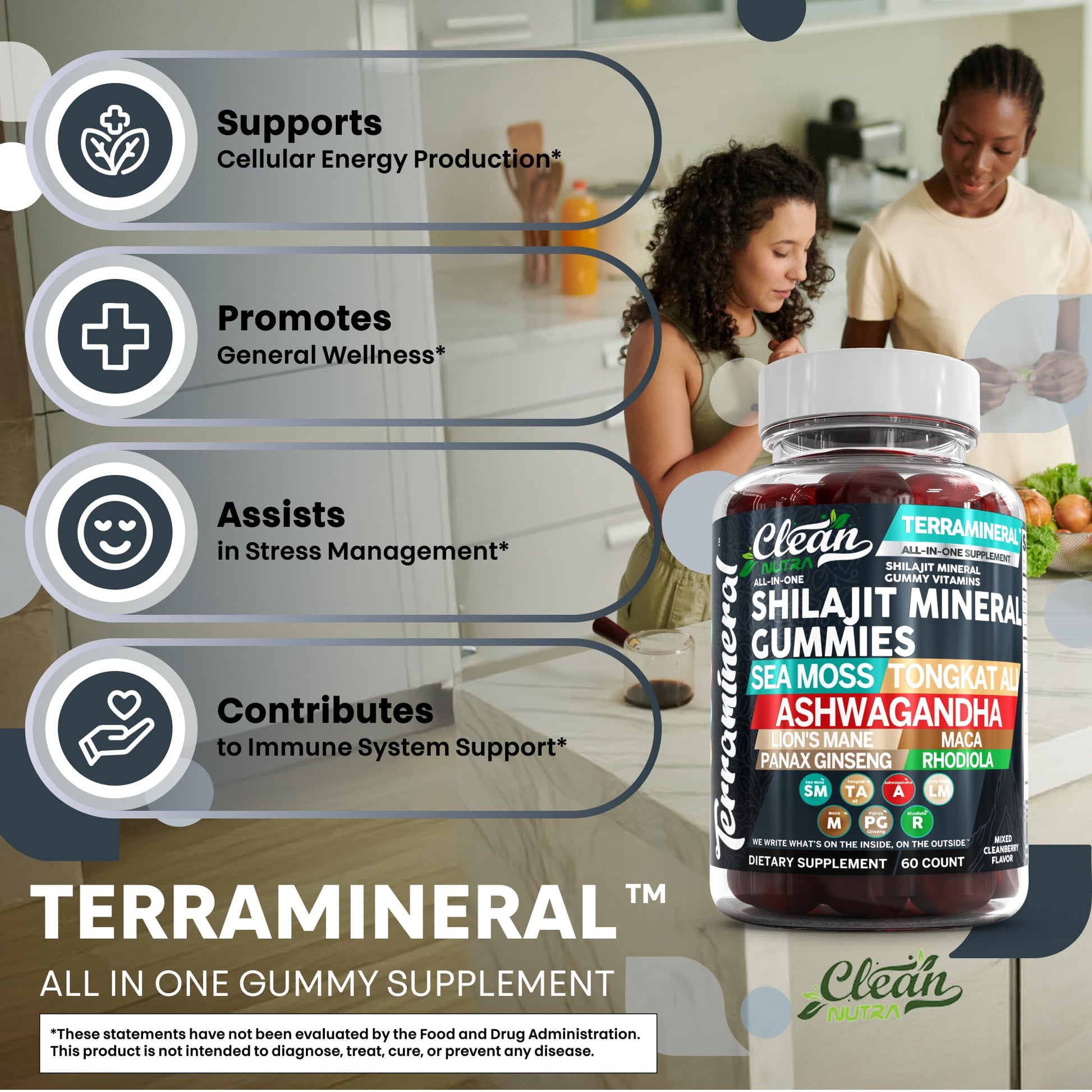 Terramineral Shilajit Gummies with Irish Sea Moss Tongkat Ali Ashwagandha Lion's Mane MACA Panax Ginseng Rhodiola & Cordyceps by Clean Nutra (1) - Medaid International