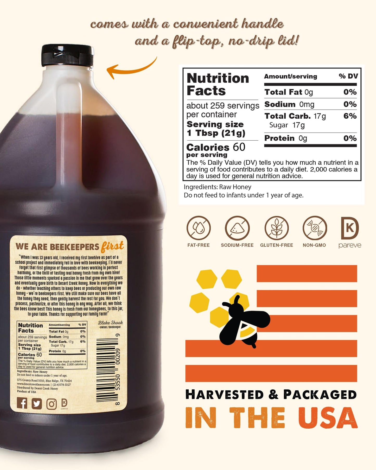 Desert Creek Honey - 100% Unfiltered, Pure, Raw Honey from Texas - Natural Sugar Substitute - One Gallon of Bulk Unprocessed, Unpasteurized American Honey - Harvested by Our Own Beekeepers - Medaid International